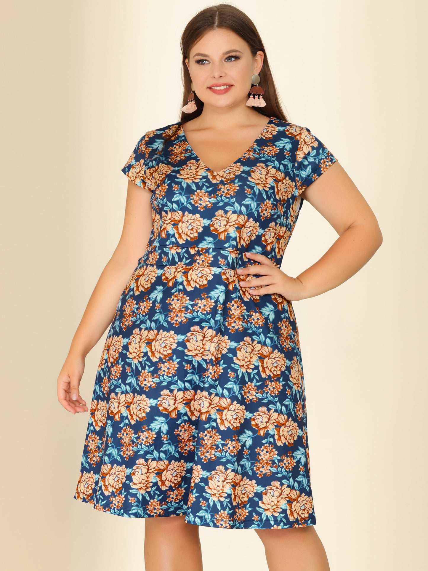 Women's Plus Size Dresses Deep V Neck Above Knee Cap Sleeve Floral Dress
