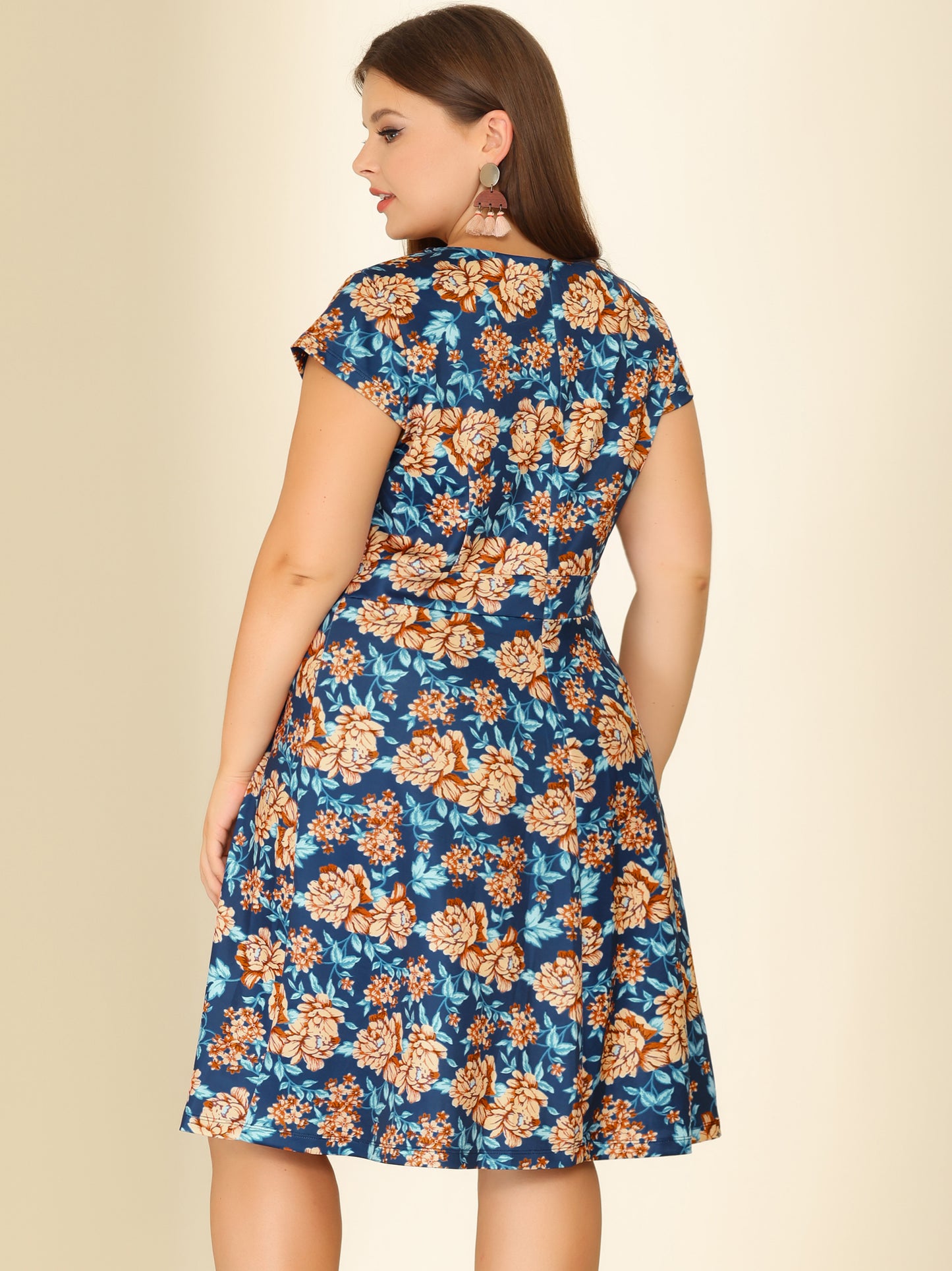 Women's Plus Size Dresses Deep V Neck Above Knee Cap Sleeve Floral Dress