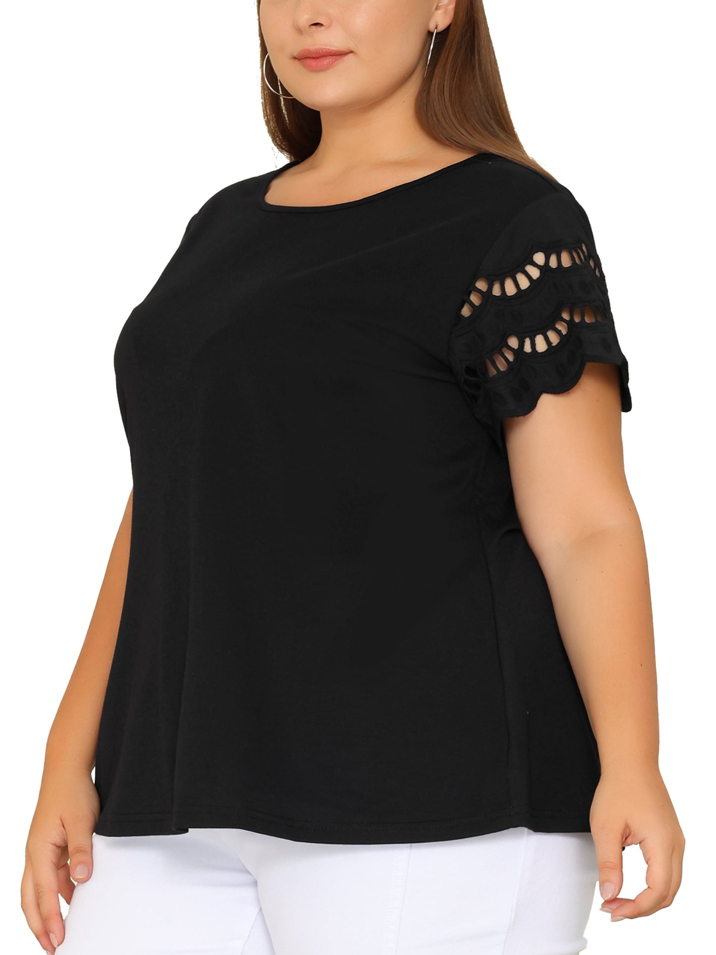 Women's Plus Size Top Round Neck Lace Panel Hollow Short Sleeve Elegant Summer Blouse