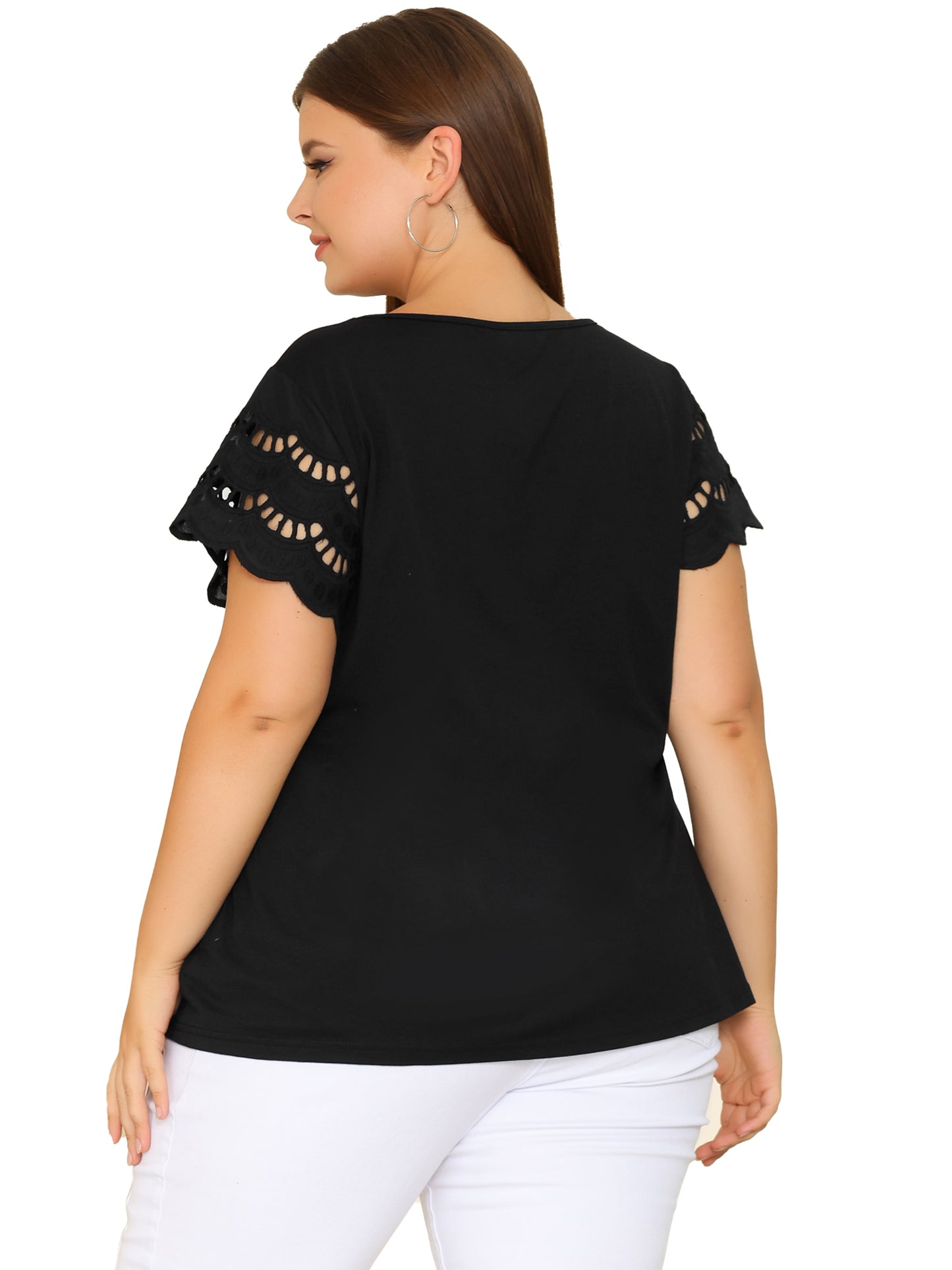 Women's Plus Size Top Round Neck Lace Panel Hollow Short Sleeve Elegant Summer Blouse