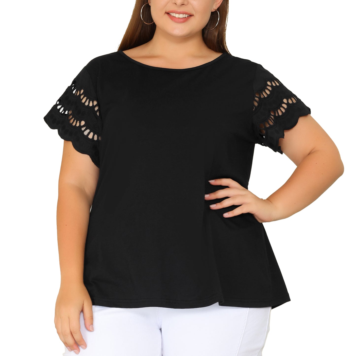 Women's Plus Size Top Round Neck Lace Panel Hollow Short Sleeve Elegant Summer Blouse