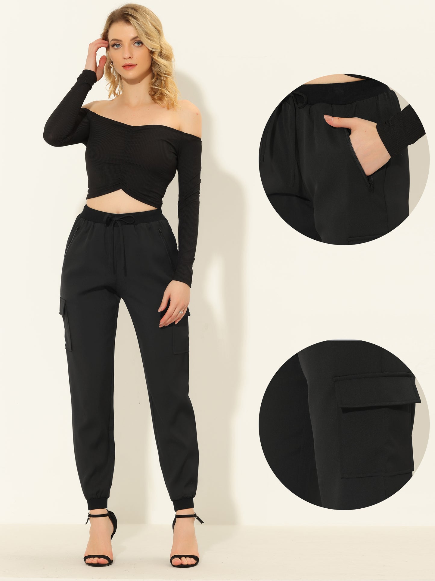 Women's Cargo Pants Ankle Length Casual High Waisted Joggers with Pocket