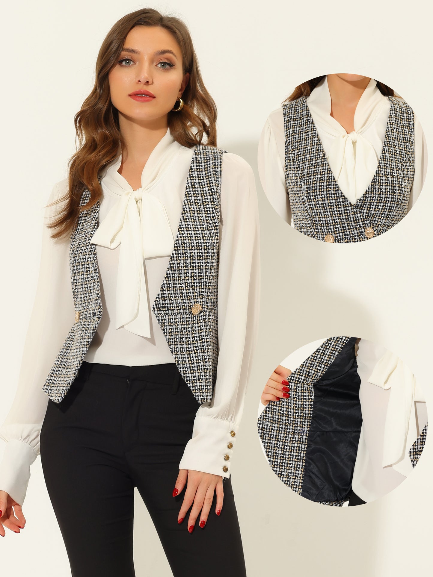 Women's Vintage Tweed Vest Double Breasted Sleeveless Plaid Waistcoat Jacket