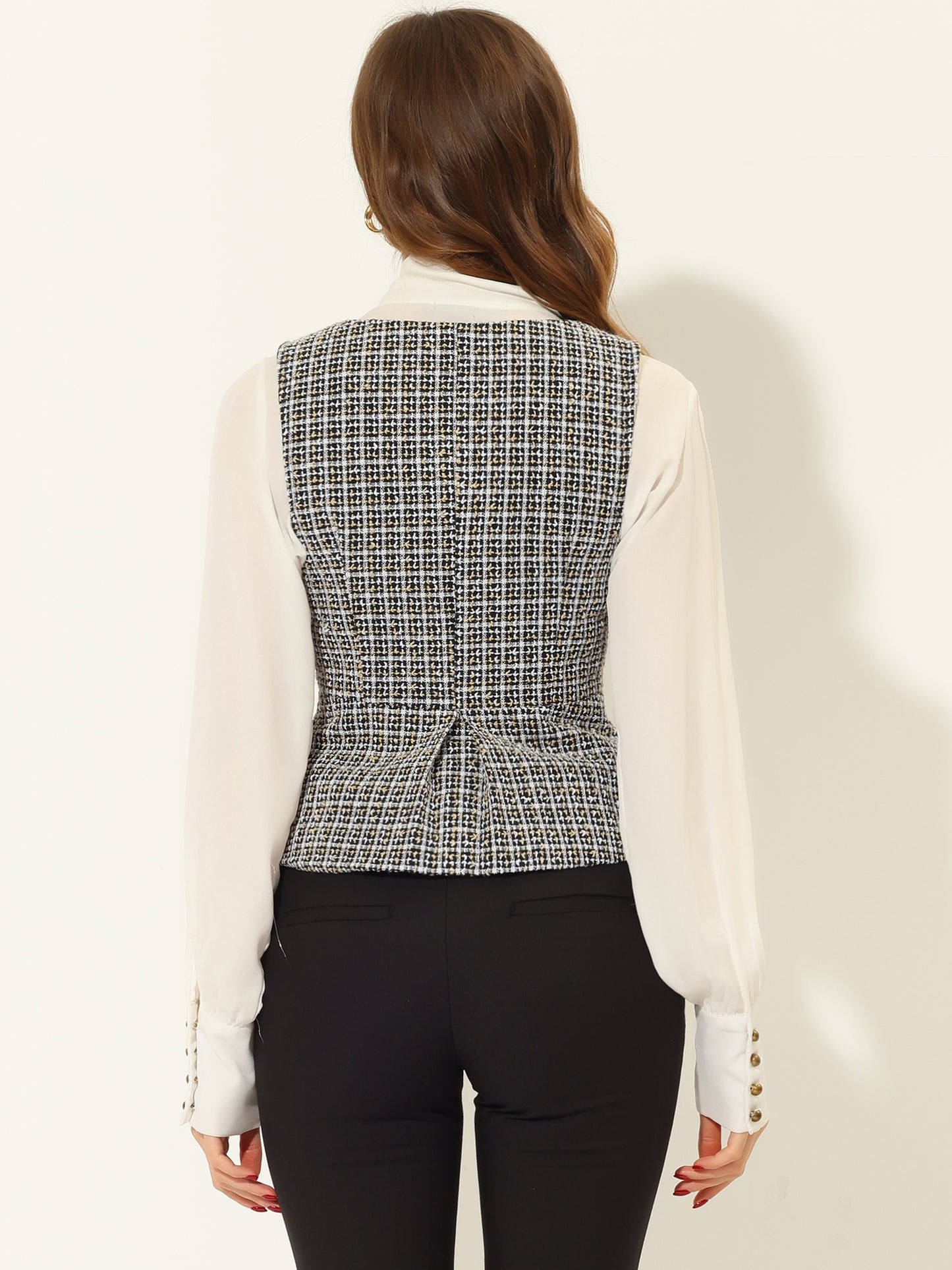 Women's Vintage Tweed Vest Double Breasted Sleeveless Plaid Waistcoat Jacket