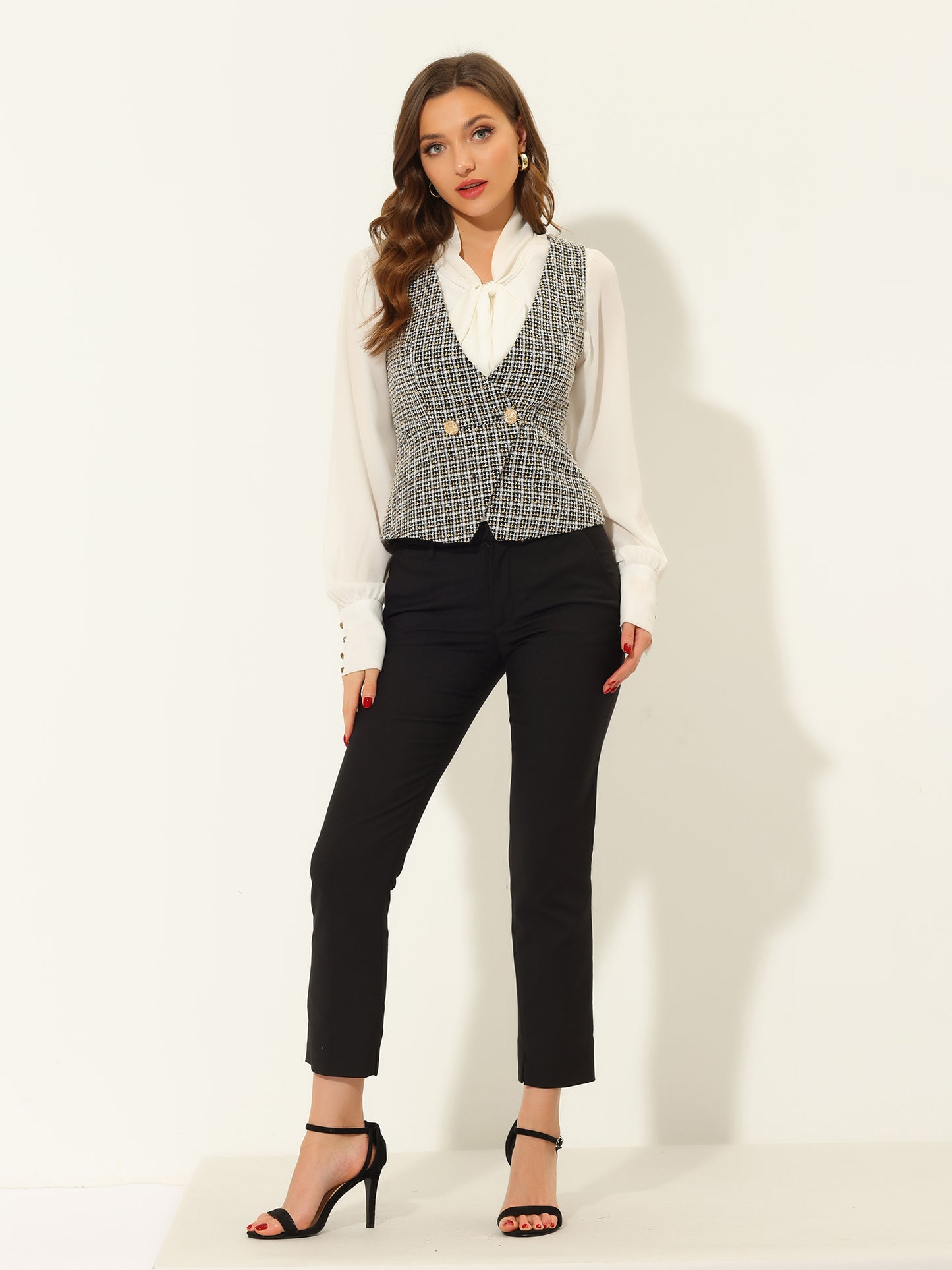 Women's Vintage Tweed Vest Double Breasted Sleeveless Plaid Waistcoat Jacket