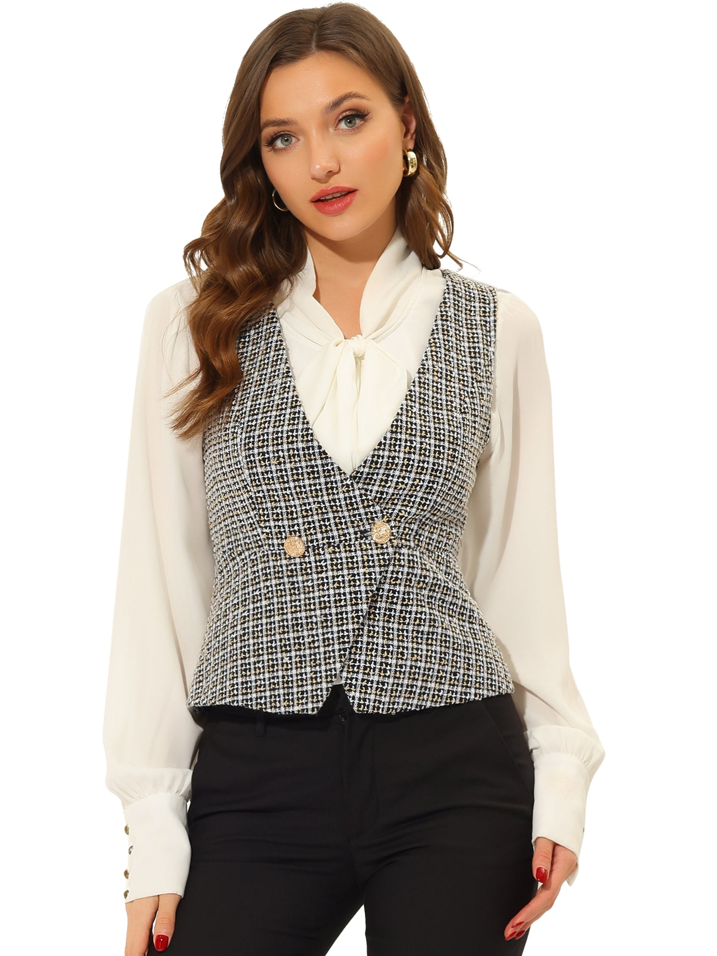 Women's Vintage Tweed Vest Double Breasted Sleeveless Plaid Waistcoat Jacket