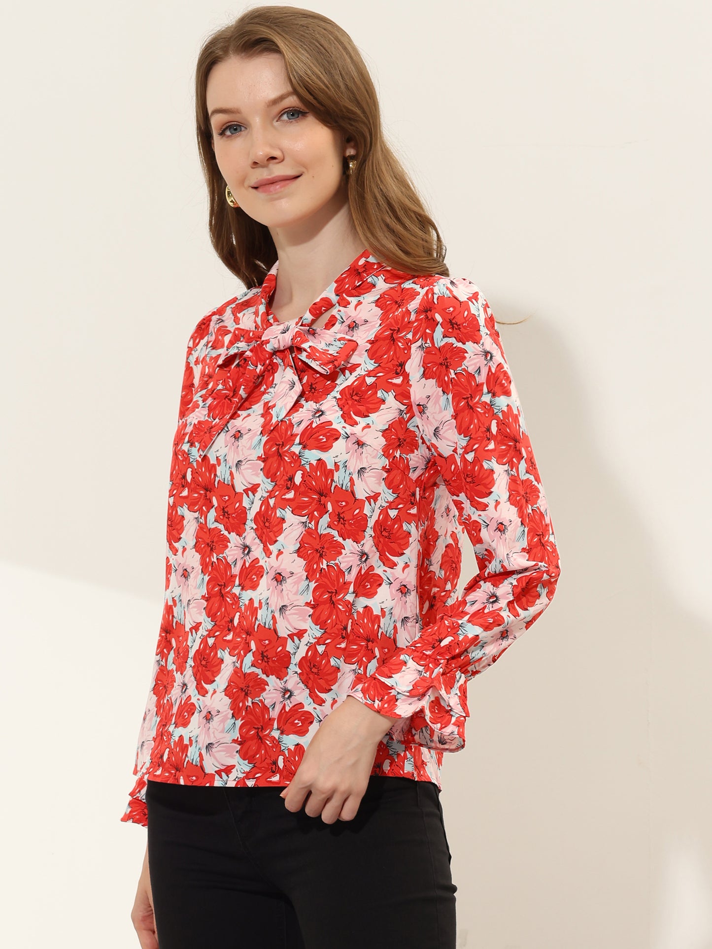 Women's Long Sleeve Blouse Floral Tie Neck Chiffon Ruffle Top