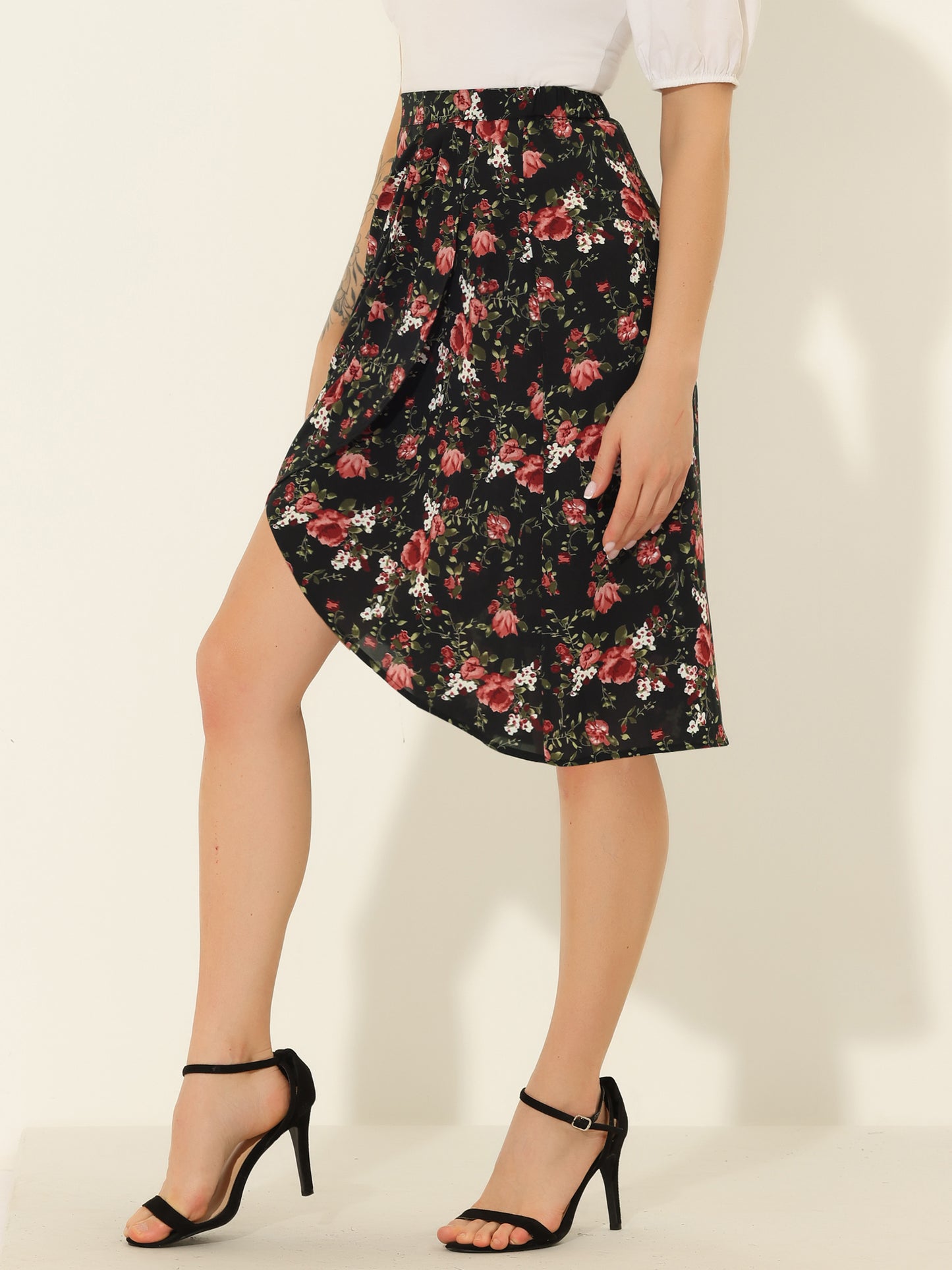Falda cruzada midi bohemia de verano con cintura alta y estampado floral para mujer