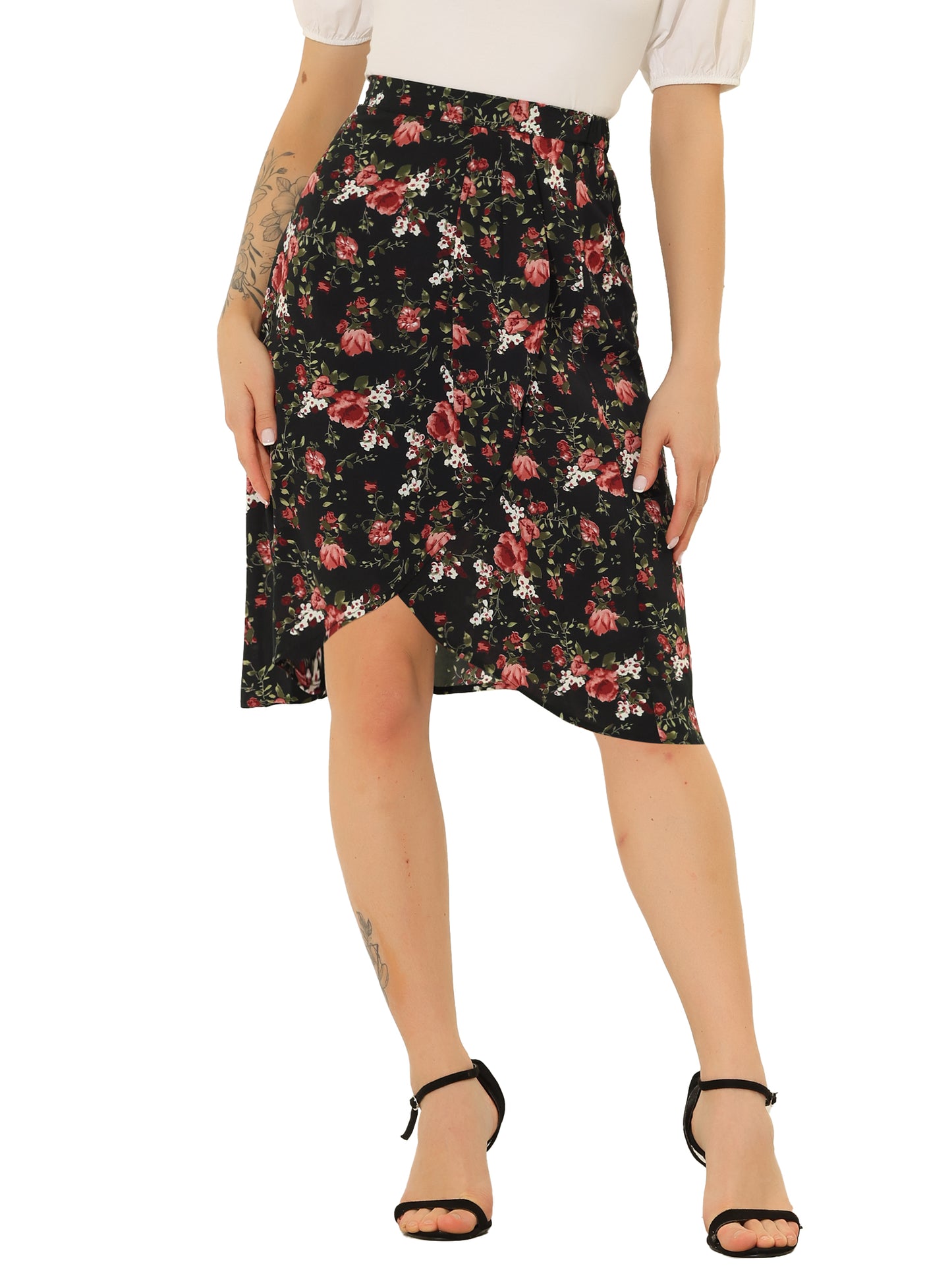 Falda cruzada midi bohemia de verano con cintura alta y estampado floral para mujer
