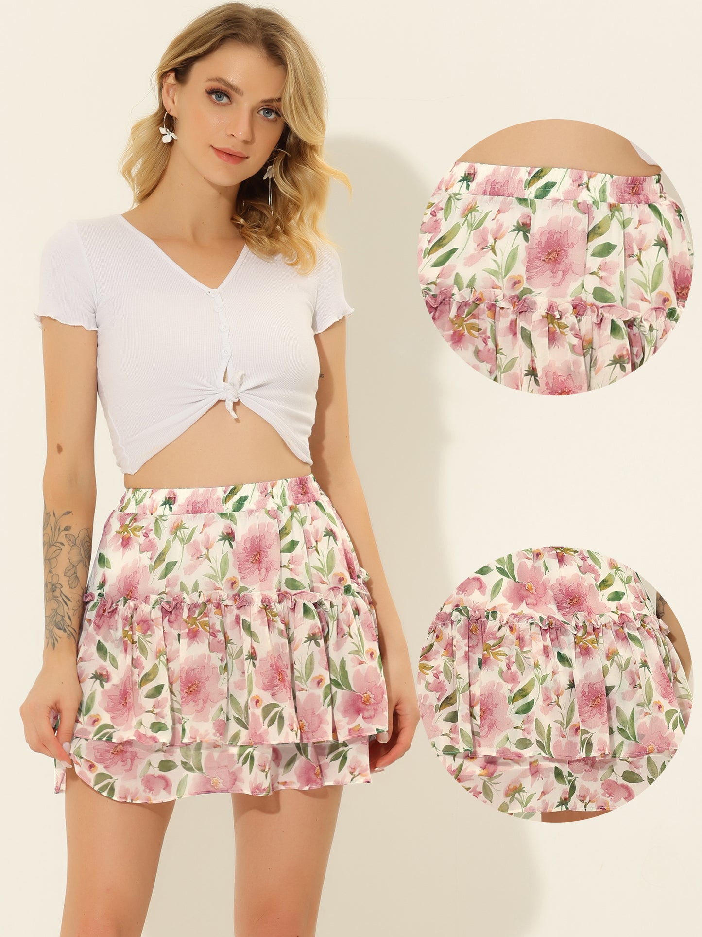 Women's Floral Print Skirt Elastic High Waist Layer Ruffle A-Line Mini Short Skirt