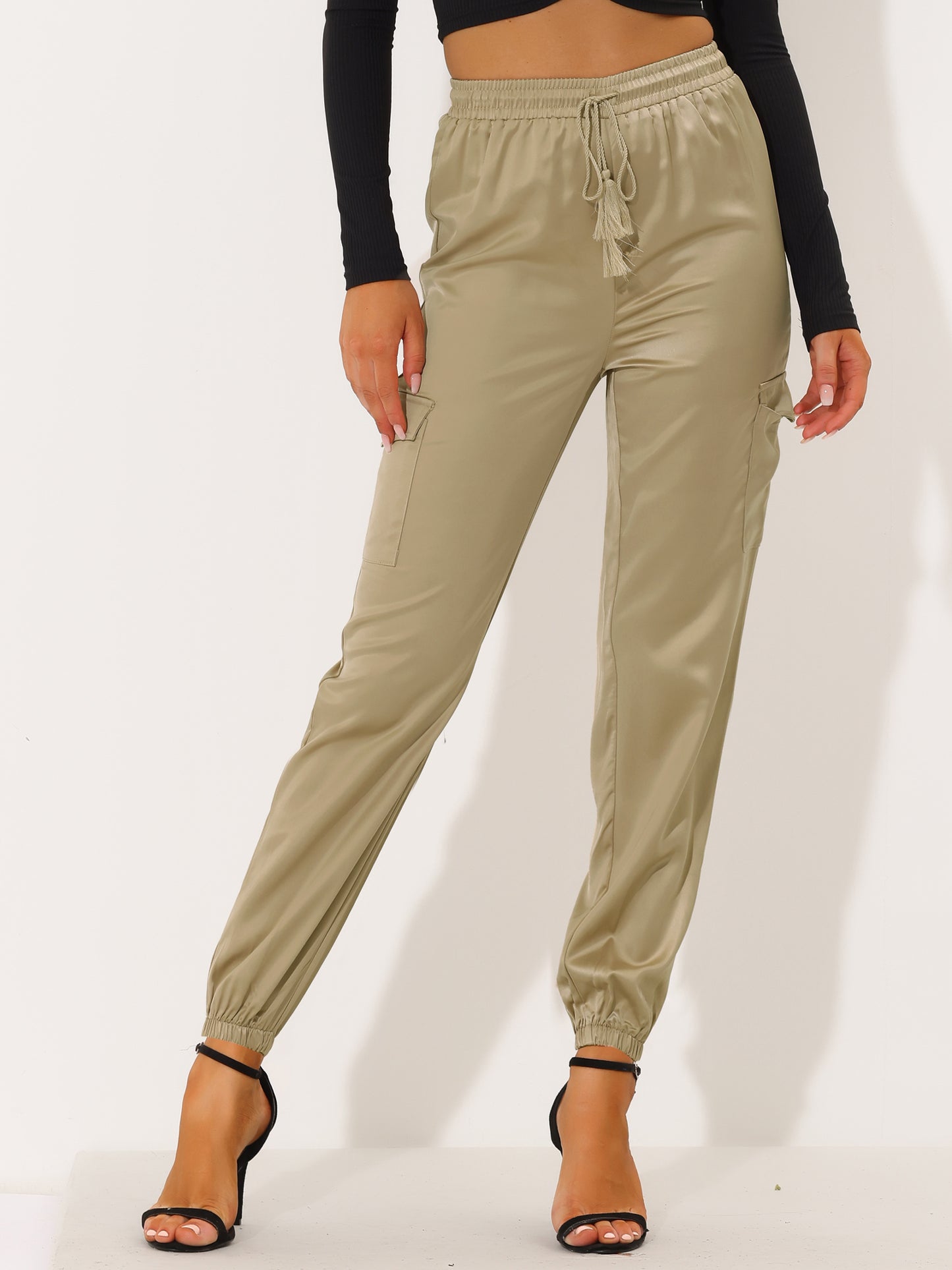 Women's Satin Joggers Drawstring Elastic Athleisure Pants High Waist Shiny Silky Satin Cargo Pants