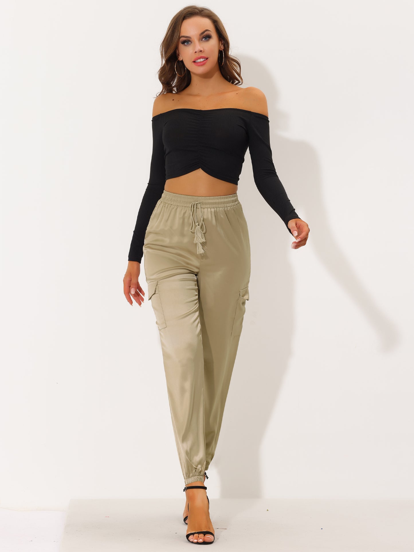 Women's Satin Joggers Drawstring Elastic Athleisure Pants High Waist Shiny Silky Satin Cargo Pants