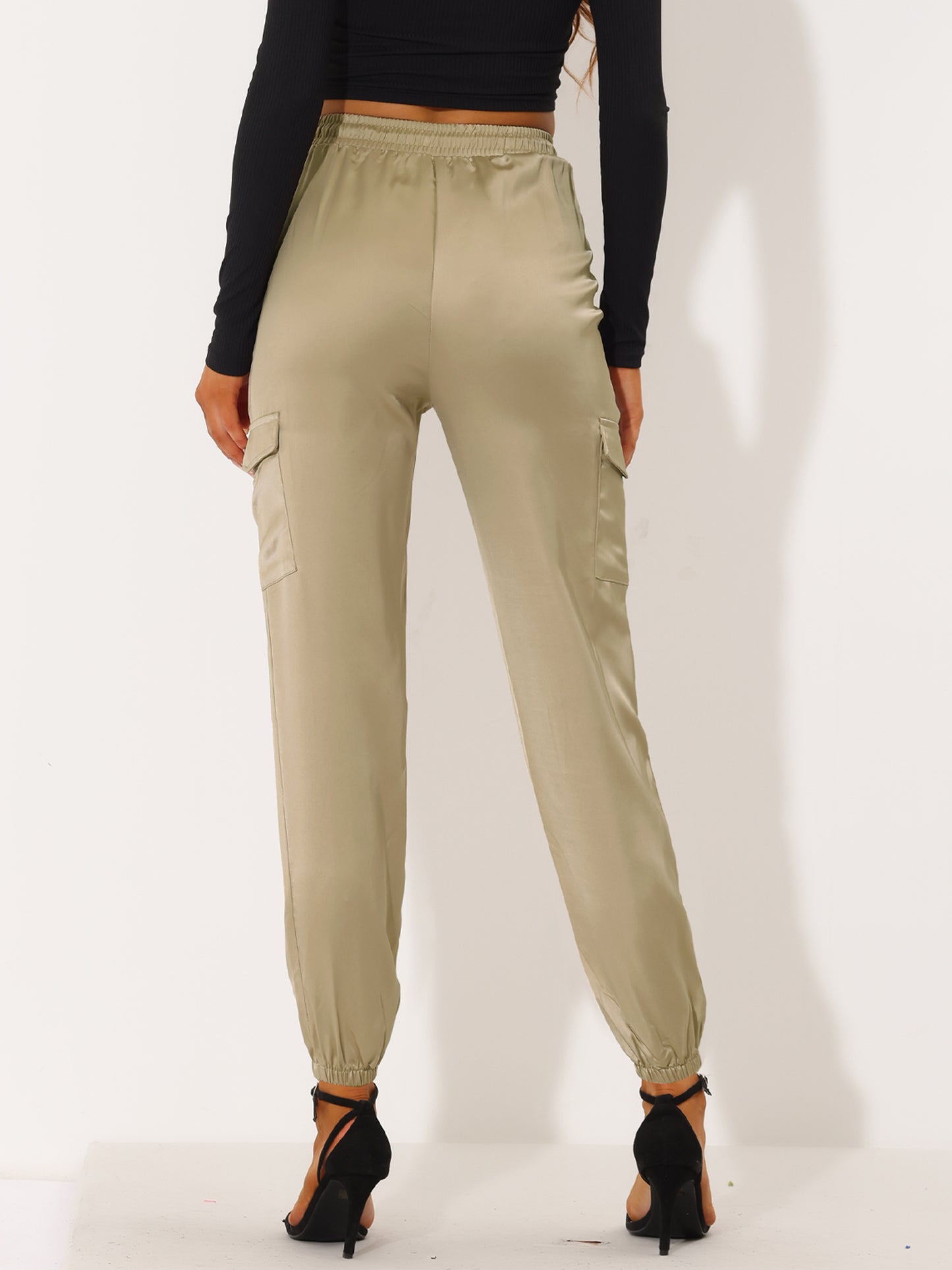 Women's Satin Joggers Drawstring Elastic Athleisure Pants High Waist Shiny Silky Satin Cargo Pants