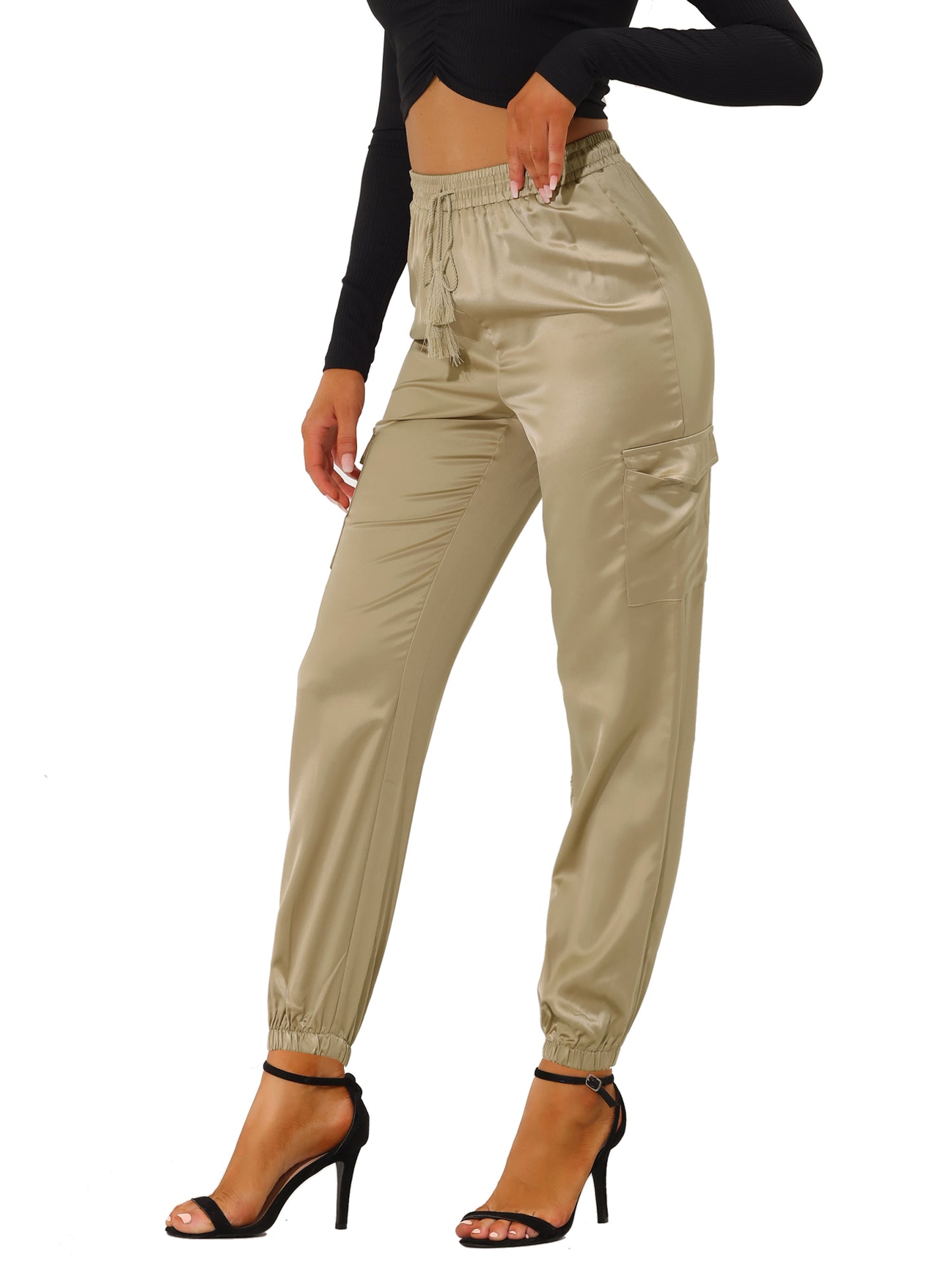 Women's Satin Joggers Drawstring Elastic Athleisure Pants High Waist Shiny Silky Satin Cargo Pants