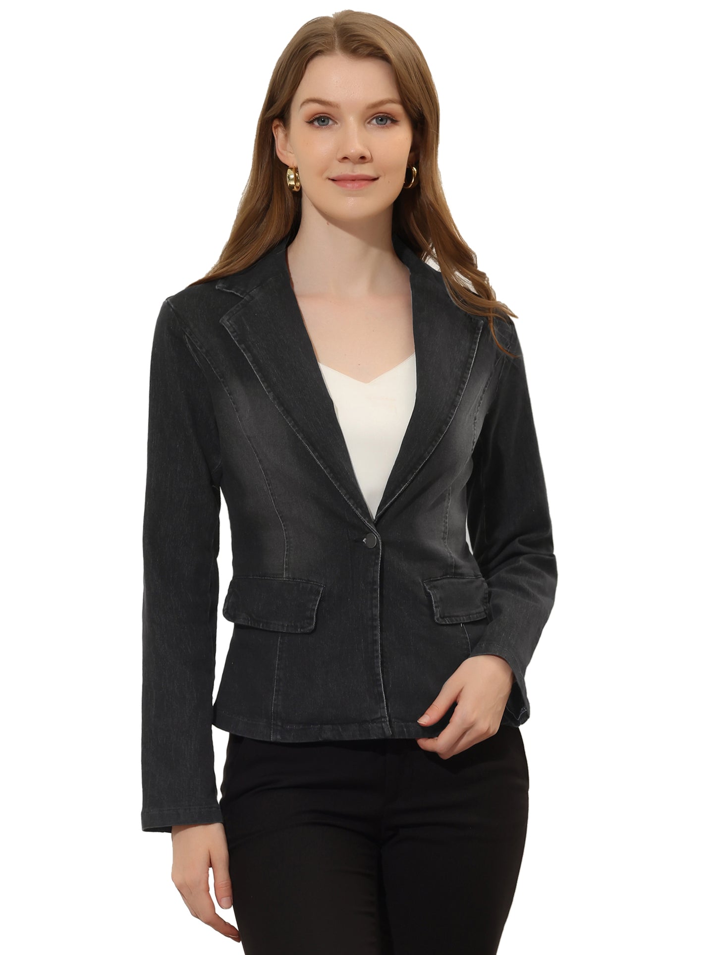 Women's Notched Lapel One Button Long Sleeve Washed Denim Blazer (Available in Plus Size)