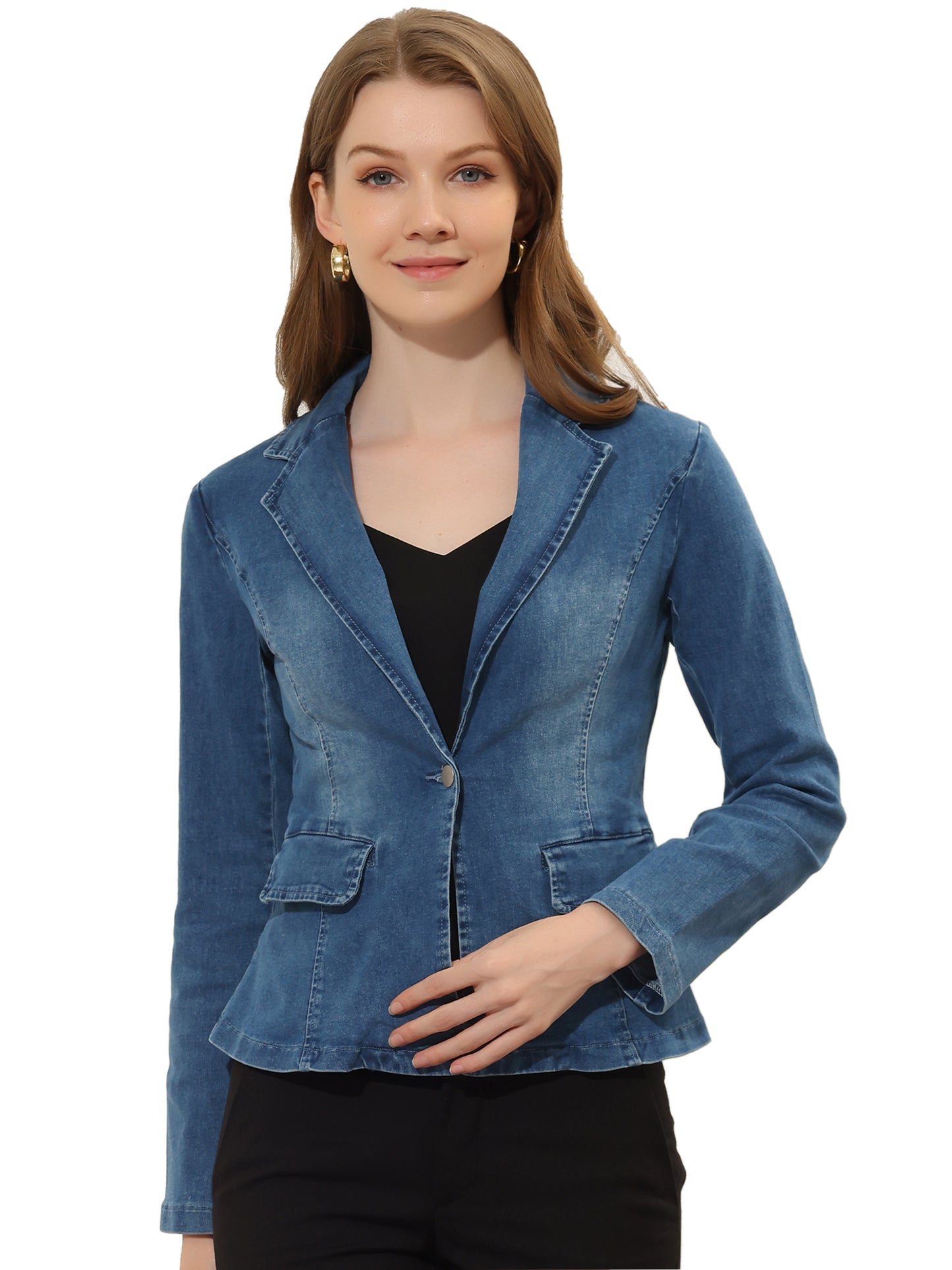 Women's Notched Lapel One Button Long Sleeve Washed Denim Blazer (Available in Plus Size)