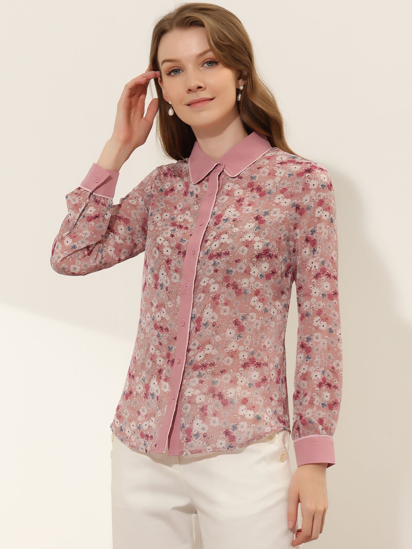 Women's Button Down Shirt Long Sleeve Contrast Collar Floral Top