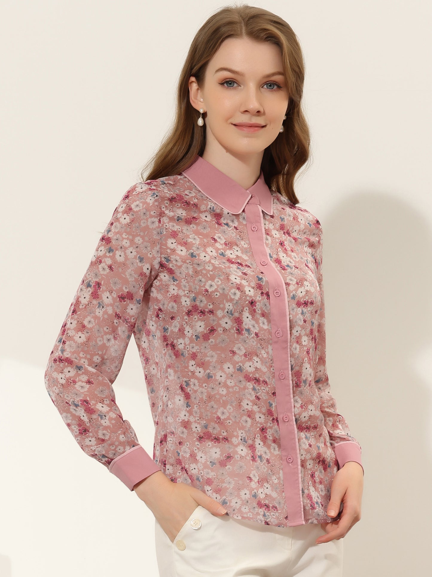 Women's Button Down Shirt Long Sleeve Contrast Collar Floral Top
