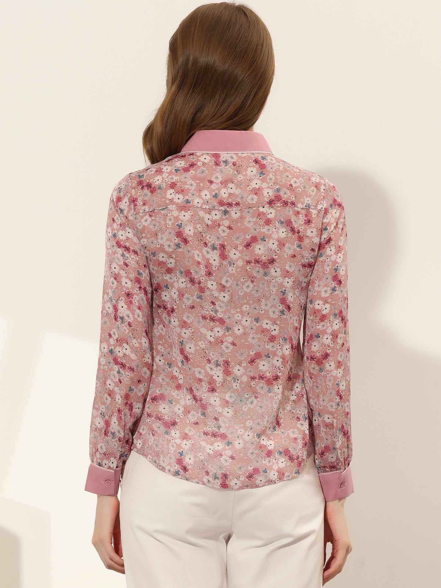 Women's Button Down Shirt Long Sleeve Contrast Collar Floral Top