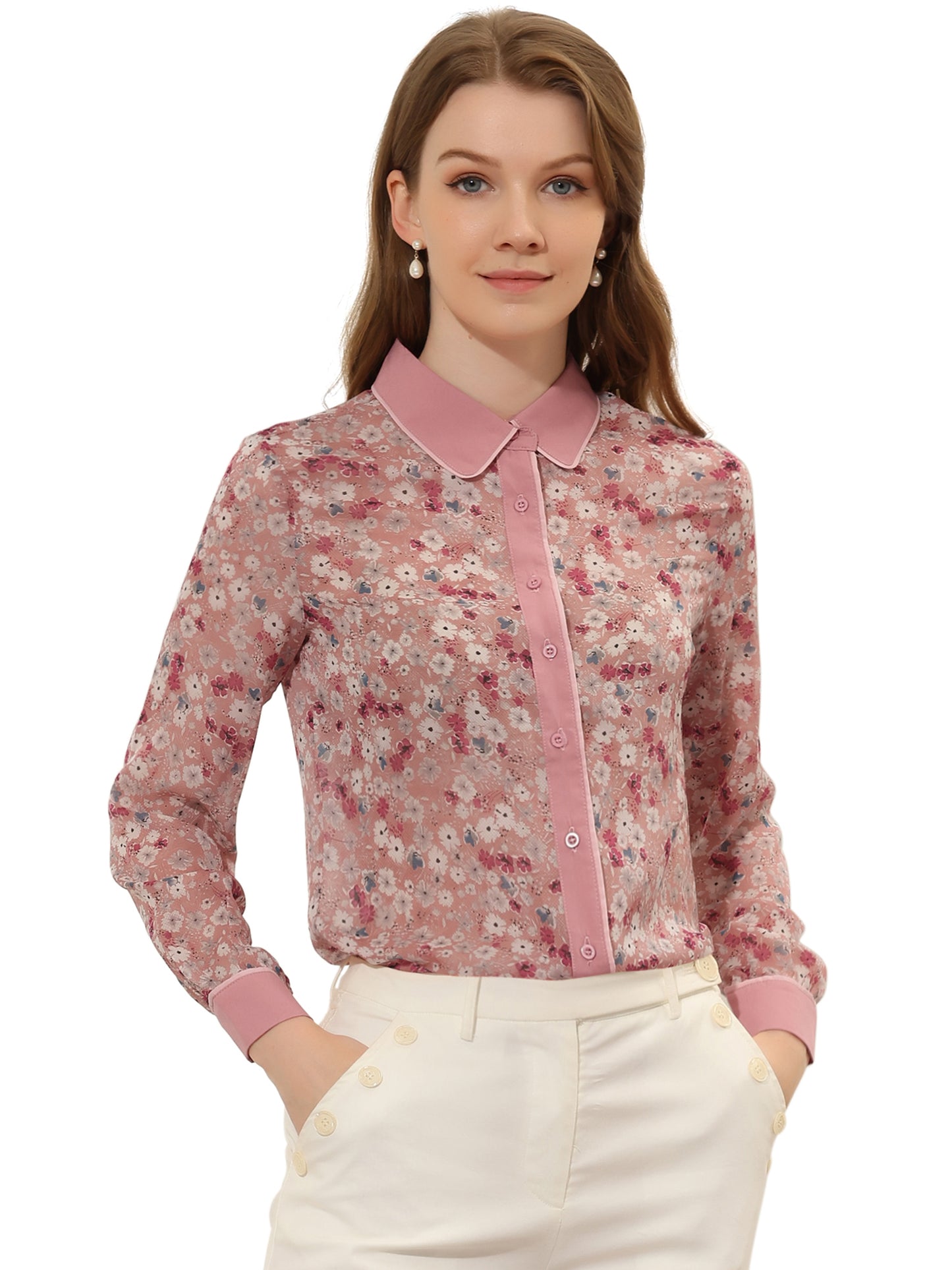 Women's Button Down Shirt Long Sleeve Contrast Collar Floral Top