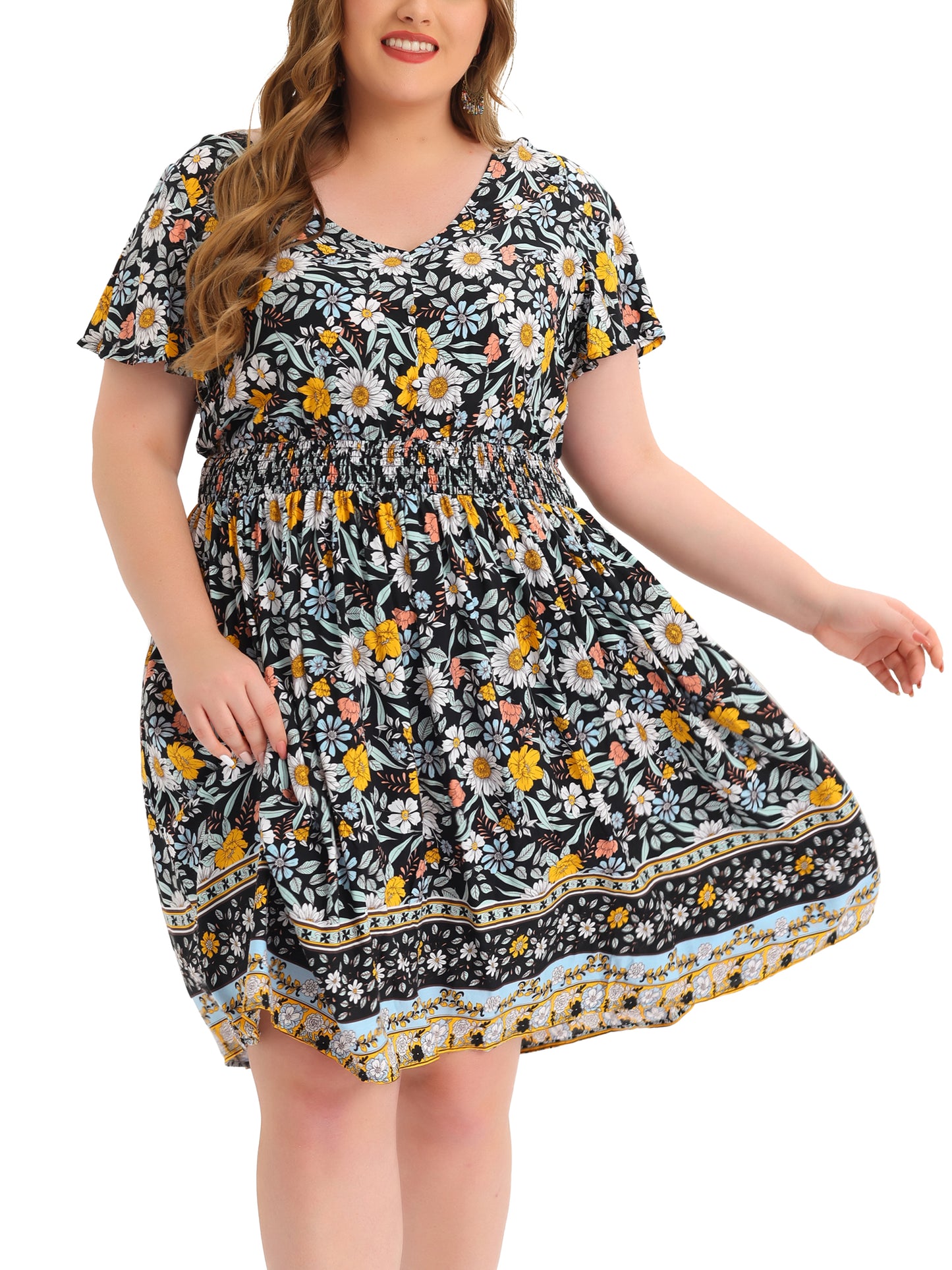 Women Plus Size Placed Pattern Bohemian Smock Waist V Neck Summer Midi Dress