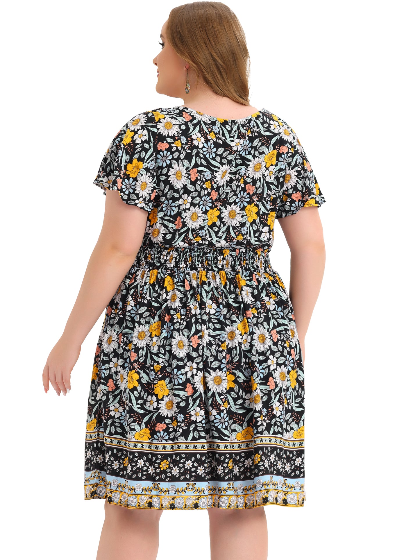 Women Plus Size Placed Pattern Bohemian Smock Waist V Neck Summer Midi Dress