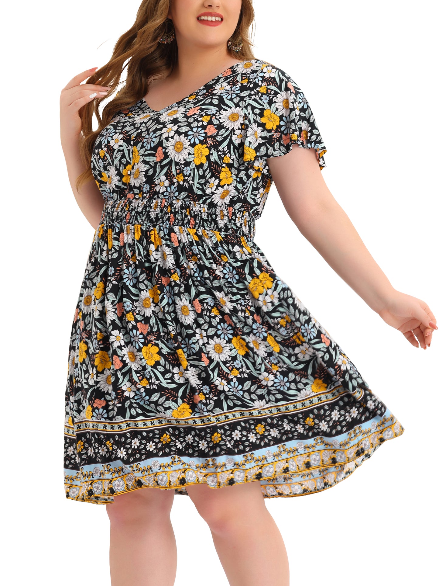 Women Plus Size Placed Pattern Bohemian Smock Waist V Neck Summer Midi Dress
