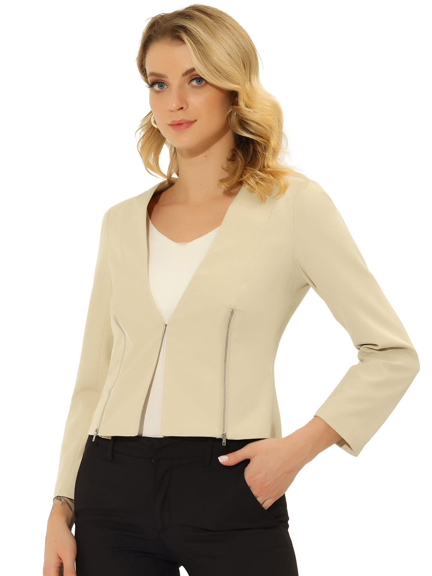 Women's Work Office Open Front Zipper Collarless Cropped Blazer