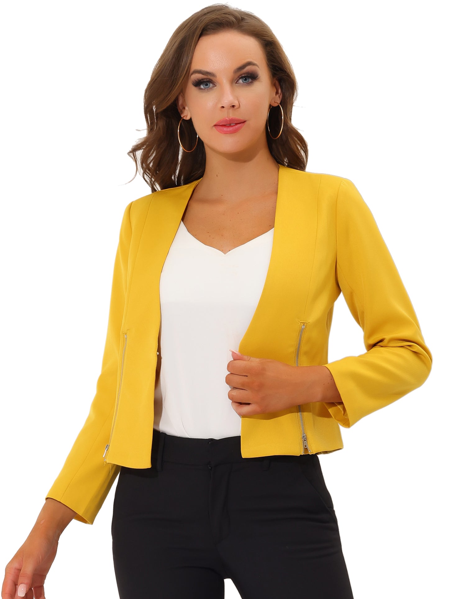 Women's Work Office Open Front Zipper Collarless Cropped Blazer