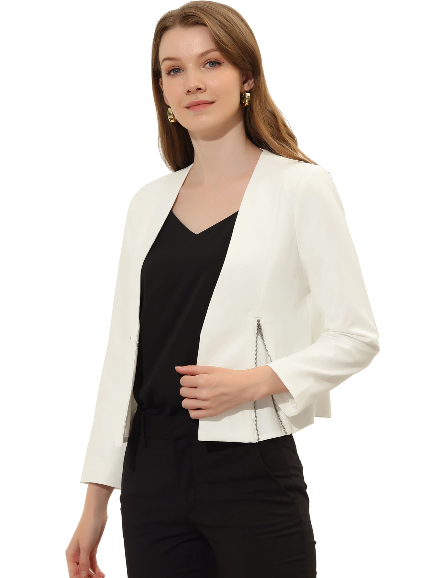 Women's Work Office Open Front Zipper Collarless Cropped Blazer