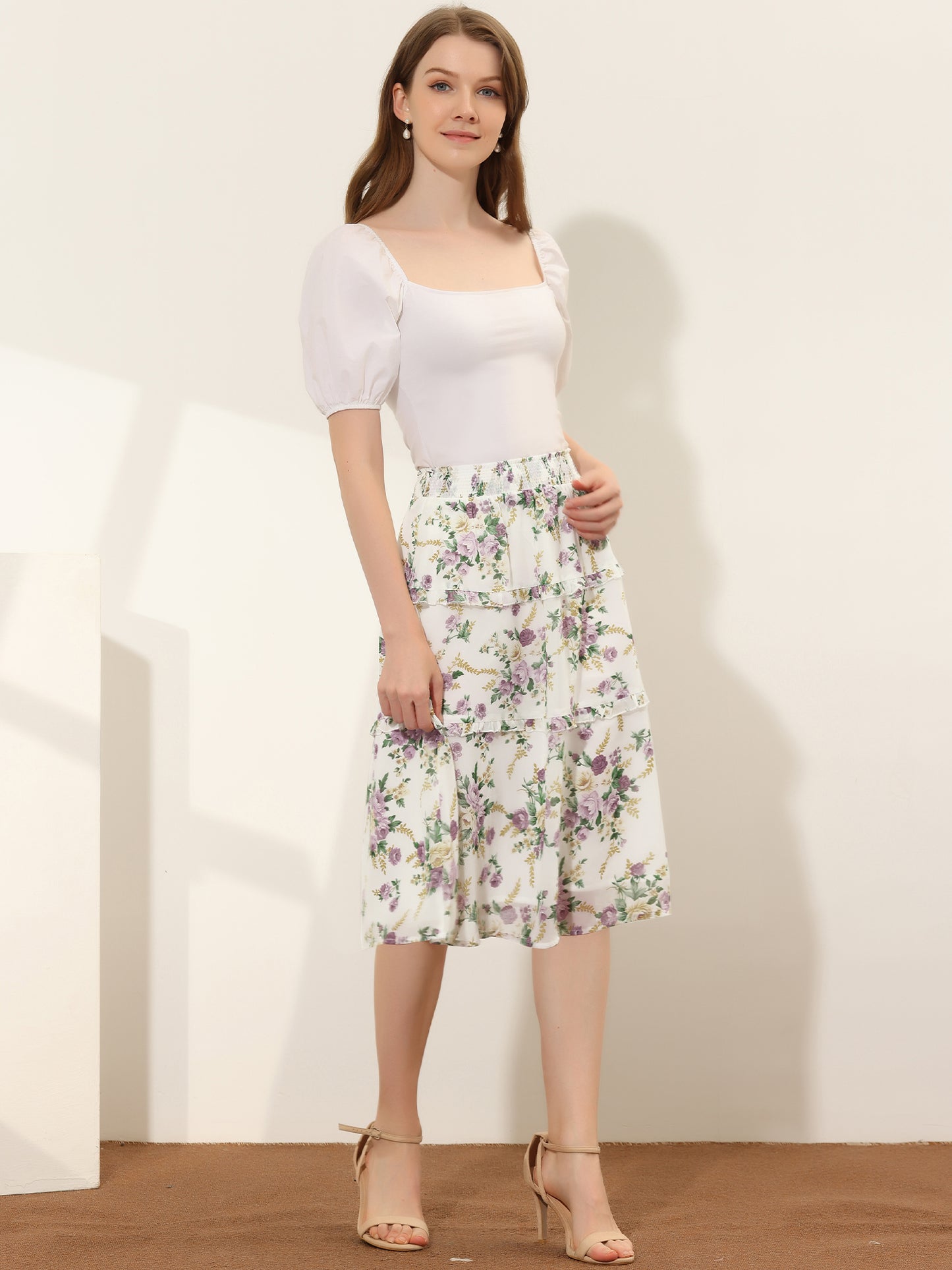 Women's Floral Skirts Spring Smocked Elastic Waist A-Line Below Knee Length Ruffle Tiered Skirt