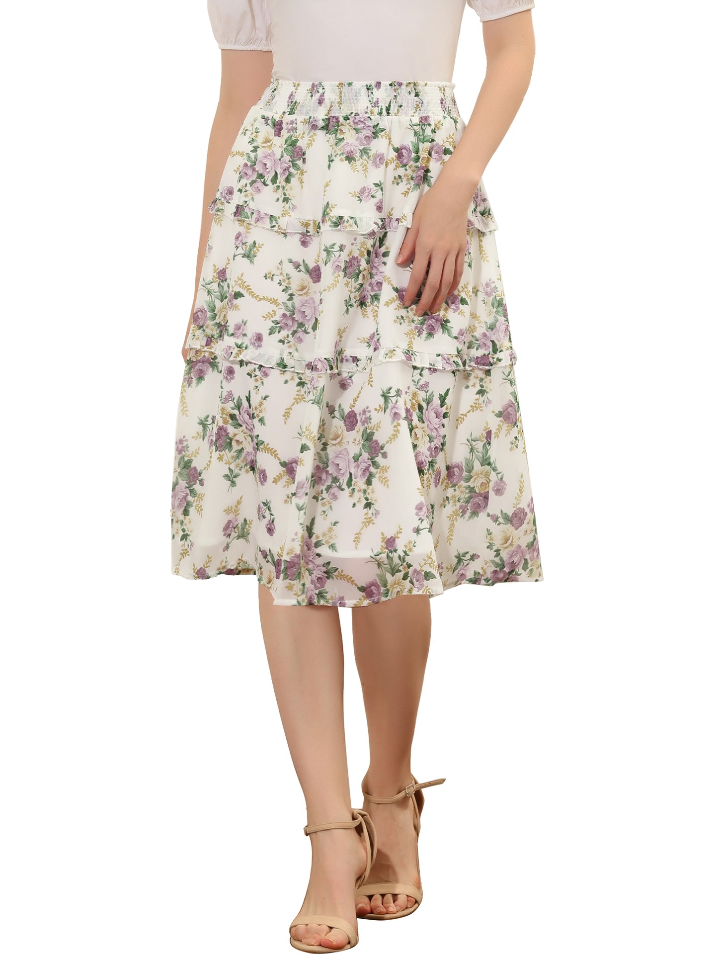 Women's Floral Skirts Spring Smocked Elastic Waist A-Line Below Knee Length Ruffle Tiered Skirt