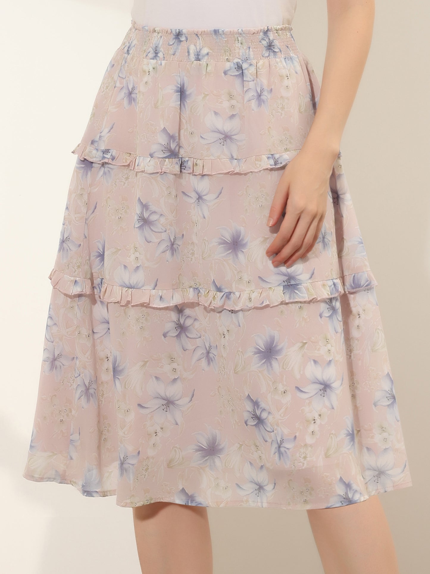 Faldas florales para mujer, primavera, fruncidas, cintura elástica, corte A, por debajo de la rodilla, falda con volantes escalonados