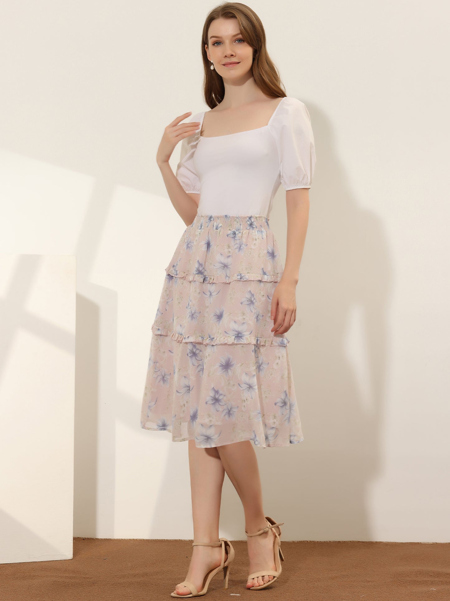 Faldas florales para mujer, primavera, fruncidas, cintura elástica, corte A, por debajo de la rodilla, falda con volantes escalonados