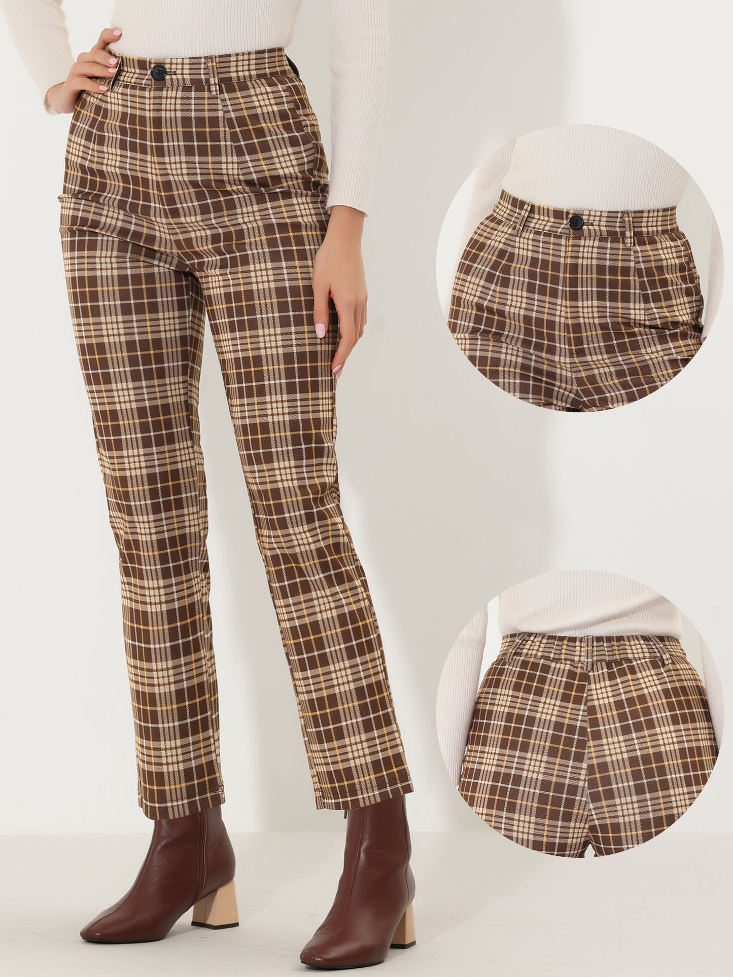 Women's Plaid Cropped Trousers Button Casual Tartan Check Work Pants