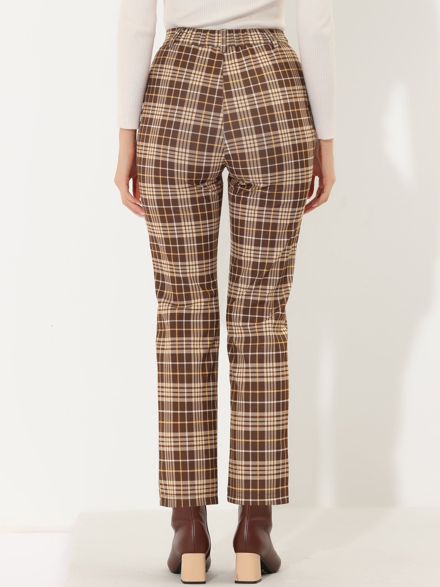 Women's Plaid Cropped Trousers Button Casual Tartan Check Work Pants