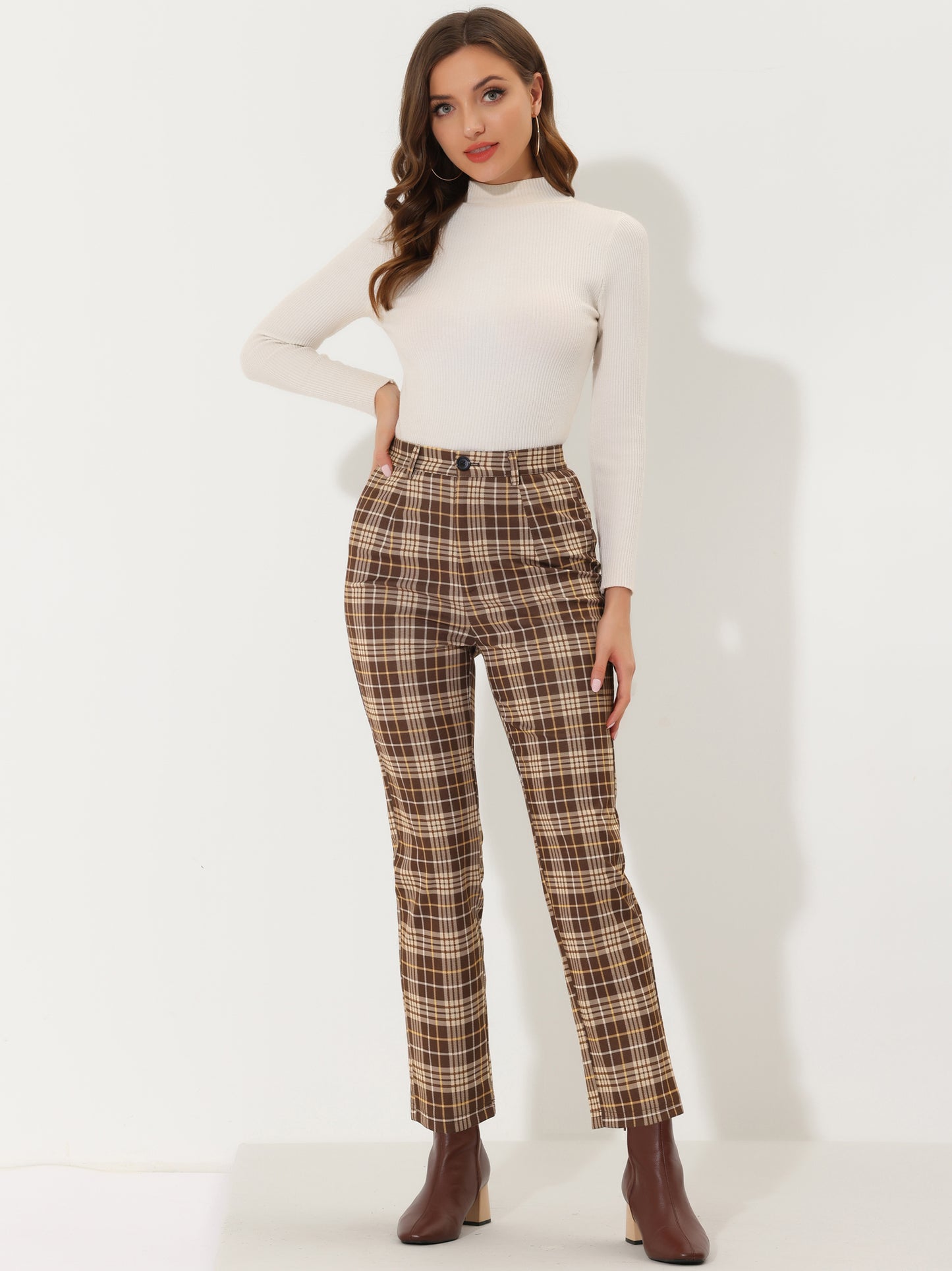 Women's Plaid Cropped Trousers Button Casual Tartan Check Work Pants