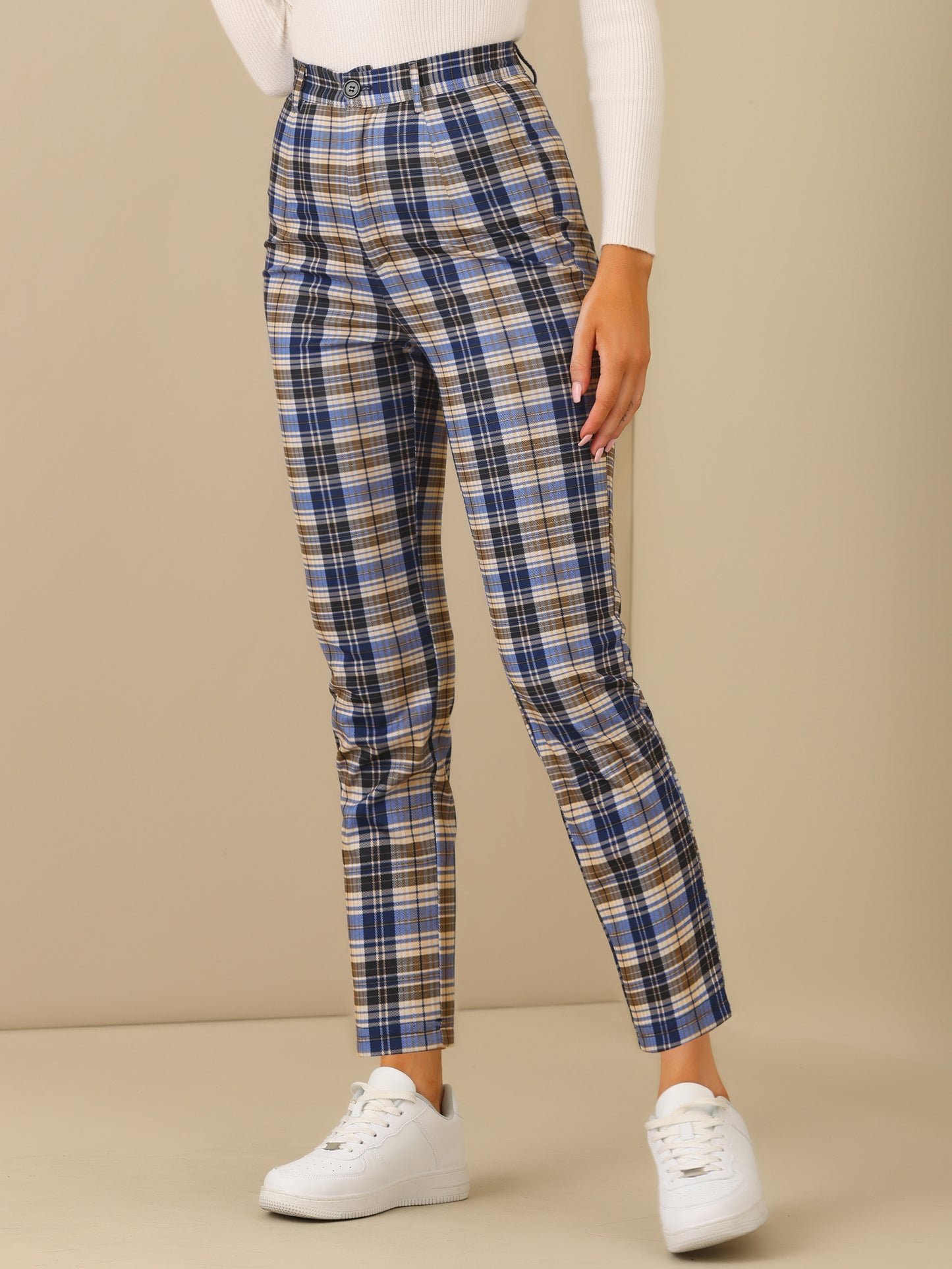 Women's Plaid Cropped Trousers Button Casual Tartan Check Work Pants