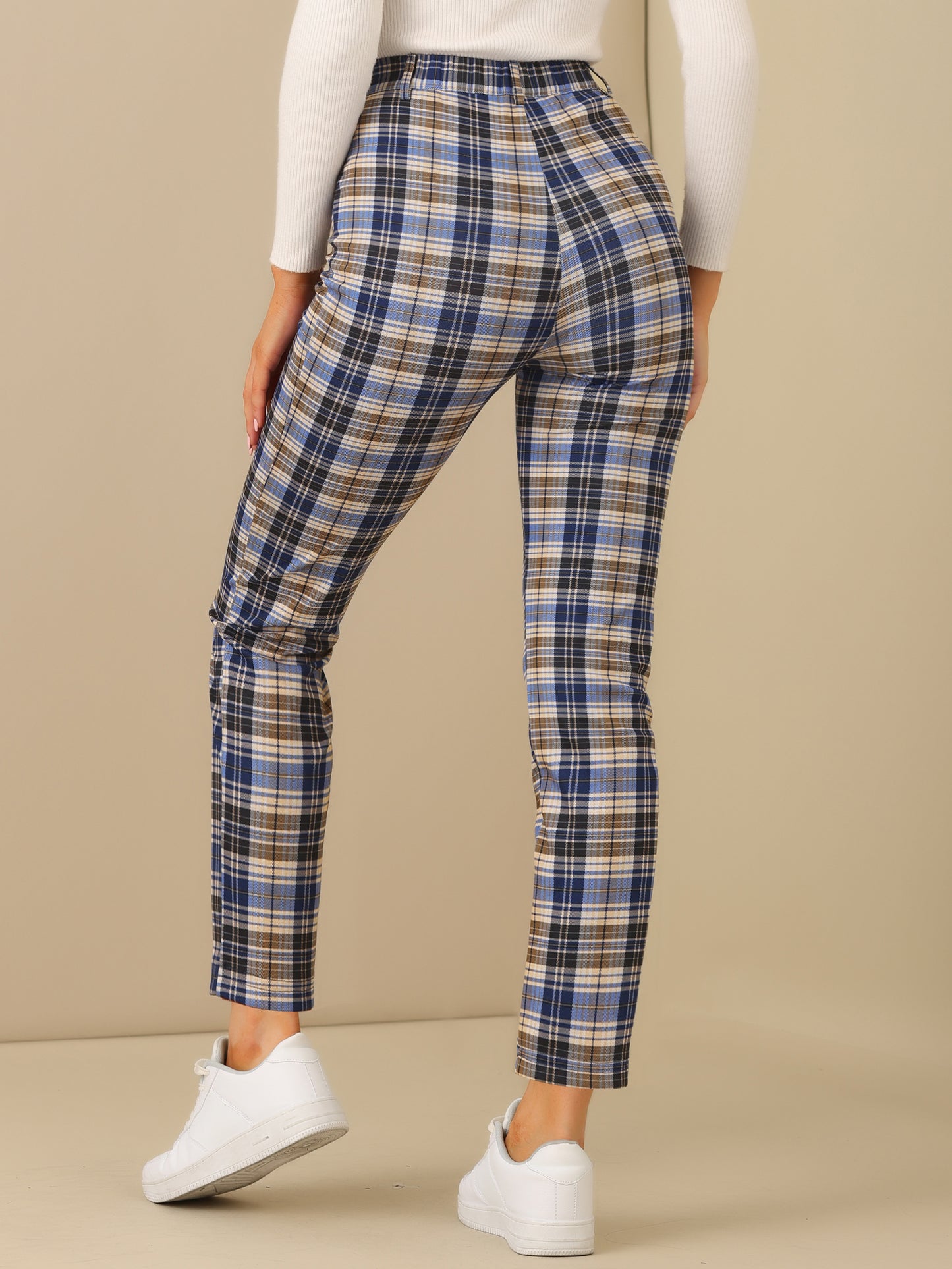 Women's Plaid Cropped Trousers Button Casual Tartan Check Work Pants