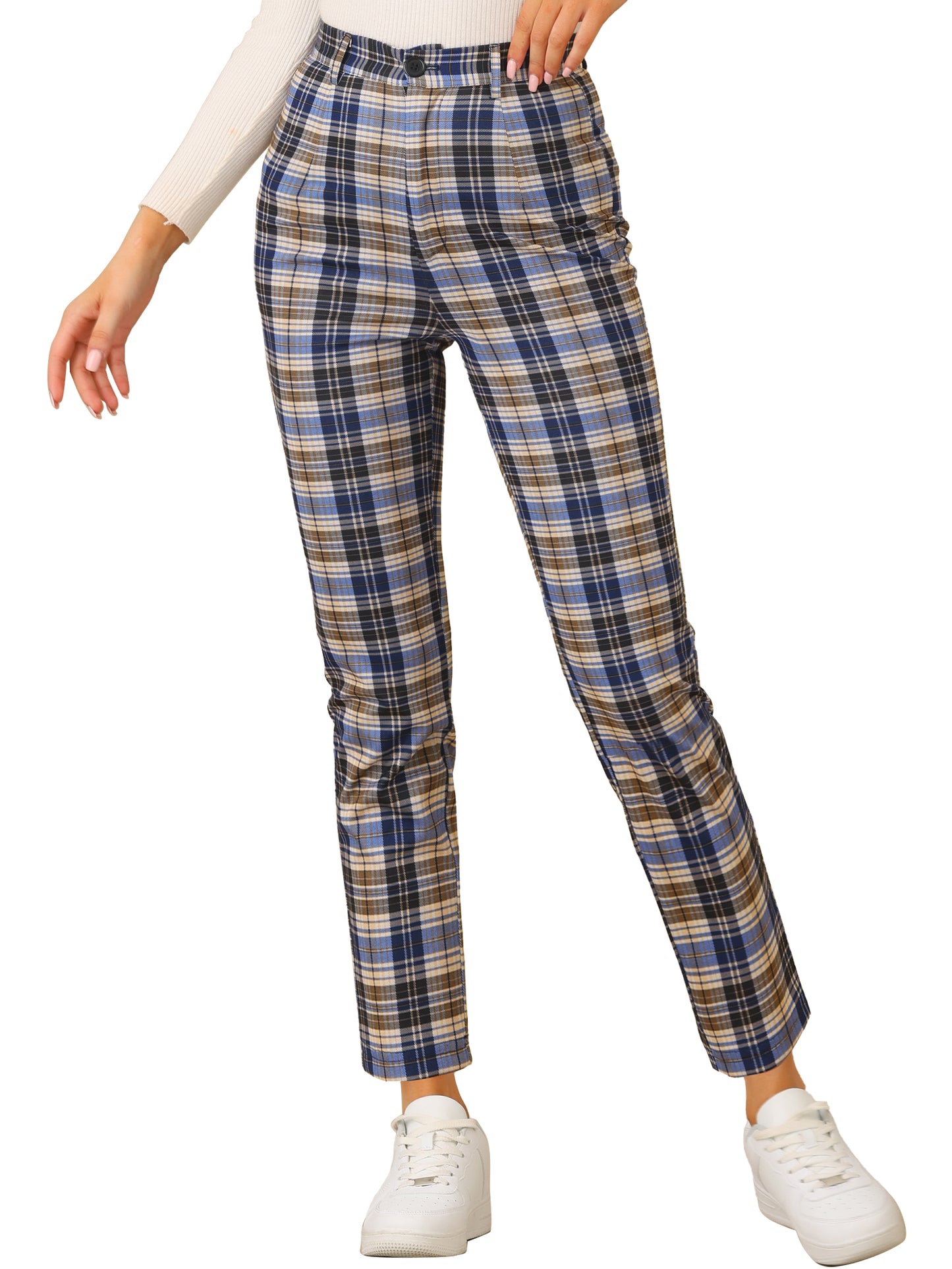 Women's Plaid Cropped Trousers Button Casual Tartan Check Work Pants