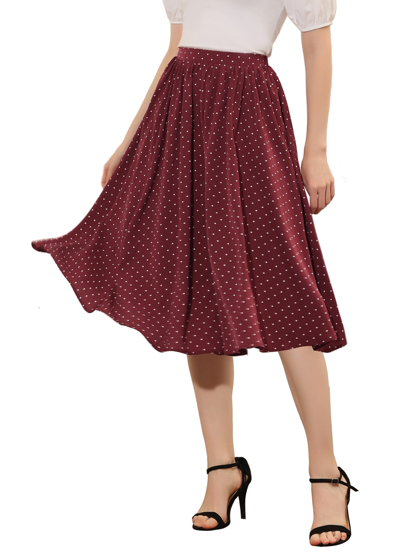 Women's Flowy A-Line Polka Dots Print Elastic Waist Flare Swing Midi Skirt