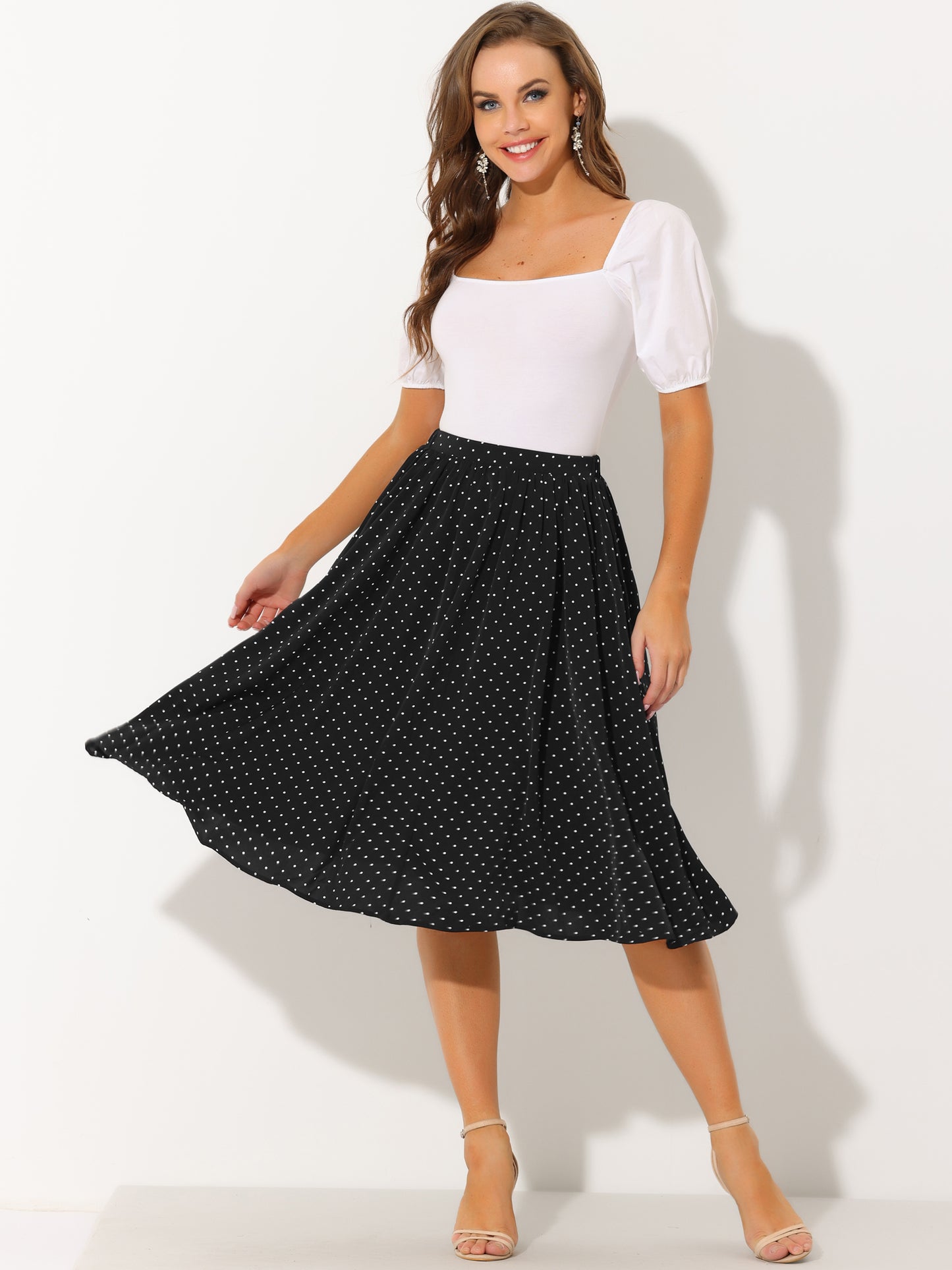 Women's Flowy A-Line Polka Dots Print Elastic Waist Flare Swing Midi Skirt