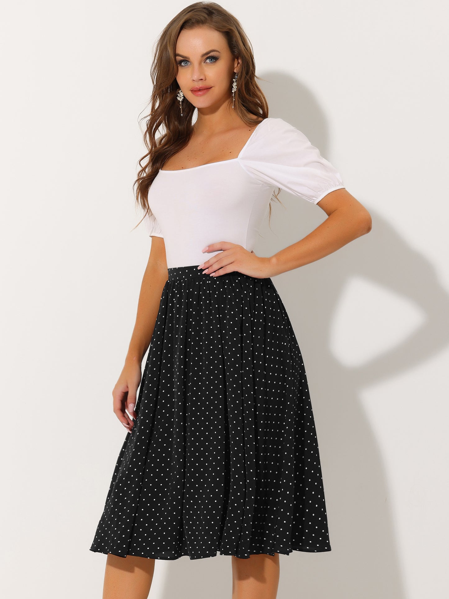 Women's Flowy A-Line Polka Dots Print Elastic Waist Flare Swing Midi Skirt