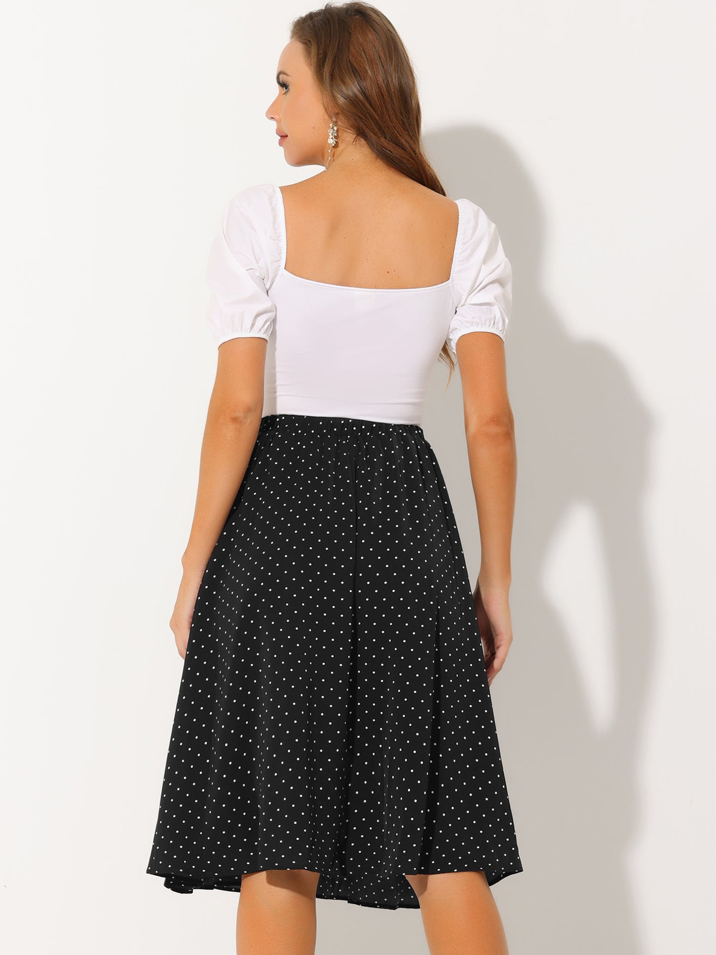 Women's Flowy A-Line Polka Dots Print Elastic Waist Flare Swing Midi Skirt