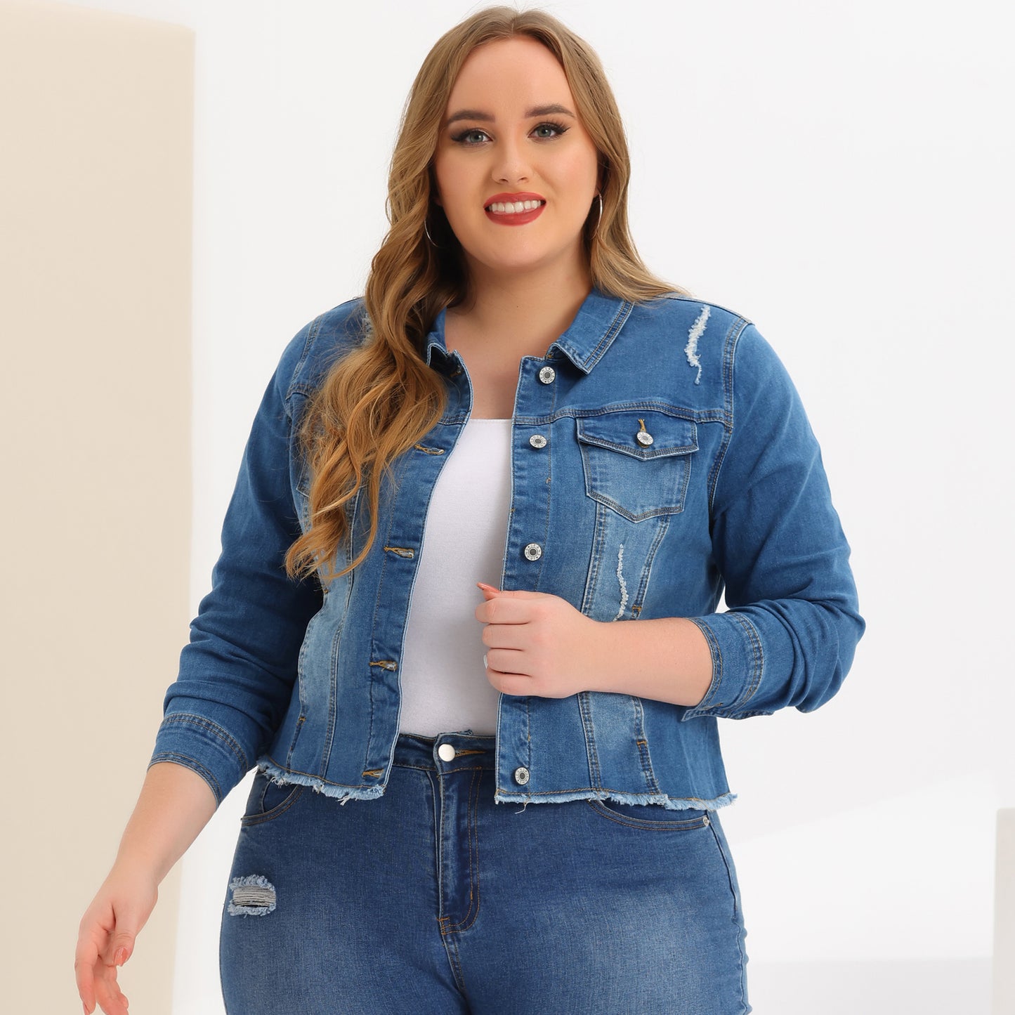 Women's Plus Size Classic Washed Front Frayed Denim Jacket