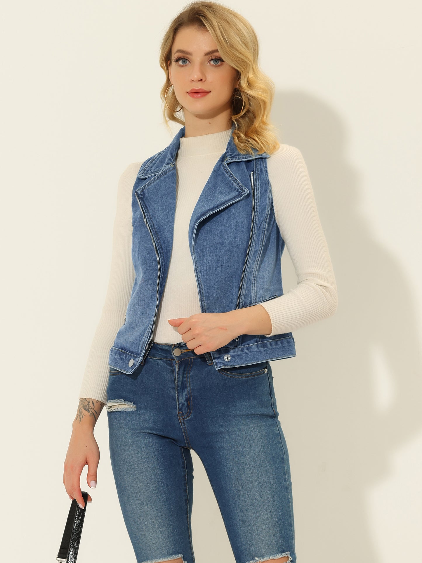 Women's Sleeveless Moto Jacket Zip Up Classic Jeans Denim Vest