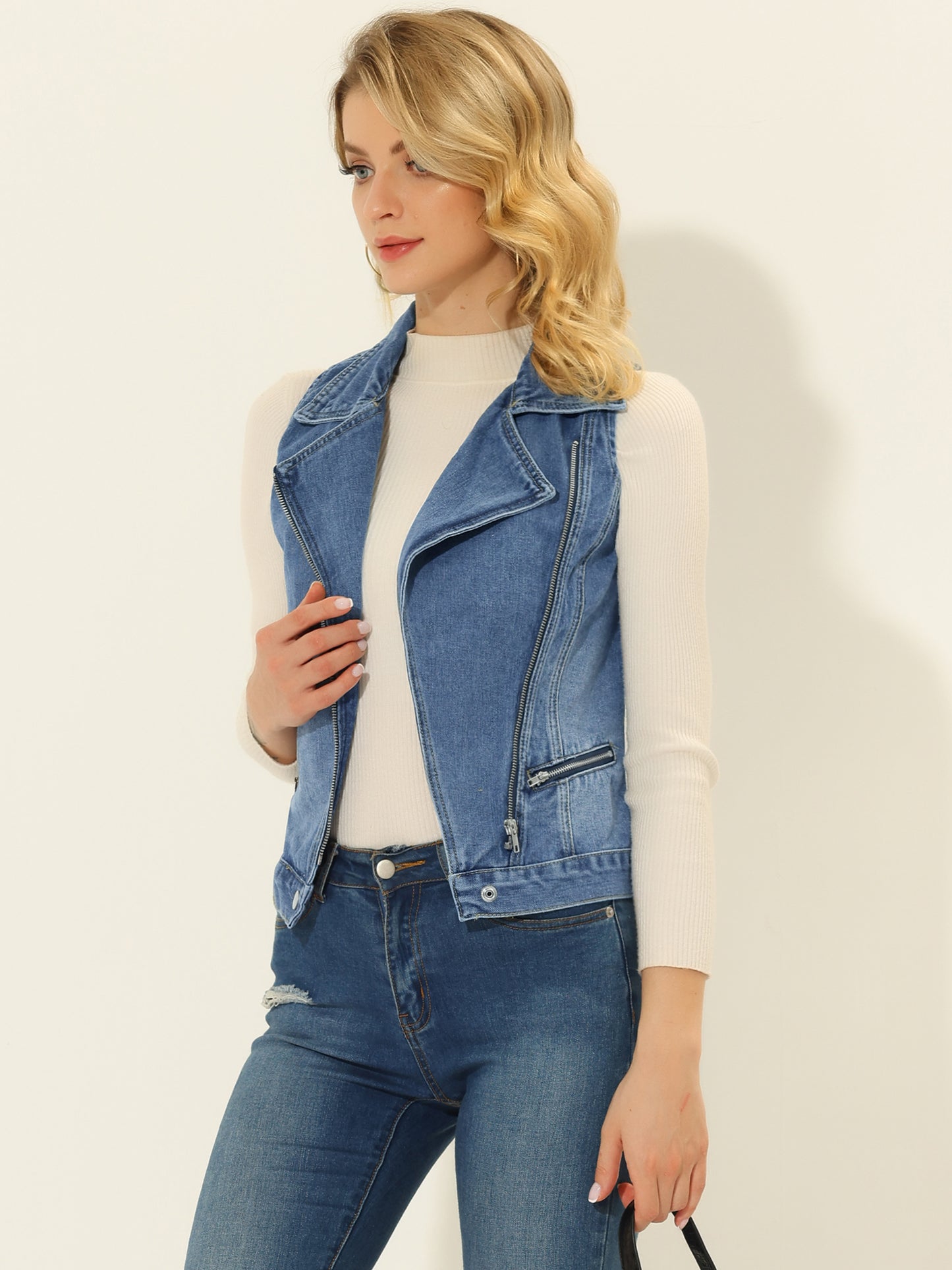 Women's Sleeveless Moto Jacket Zip Up Classic Jeans Denim Vest