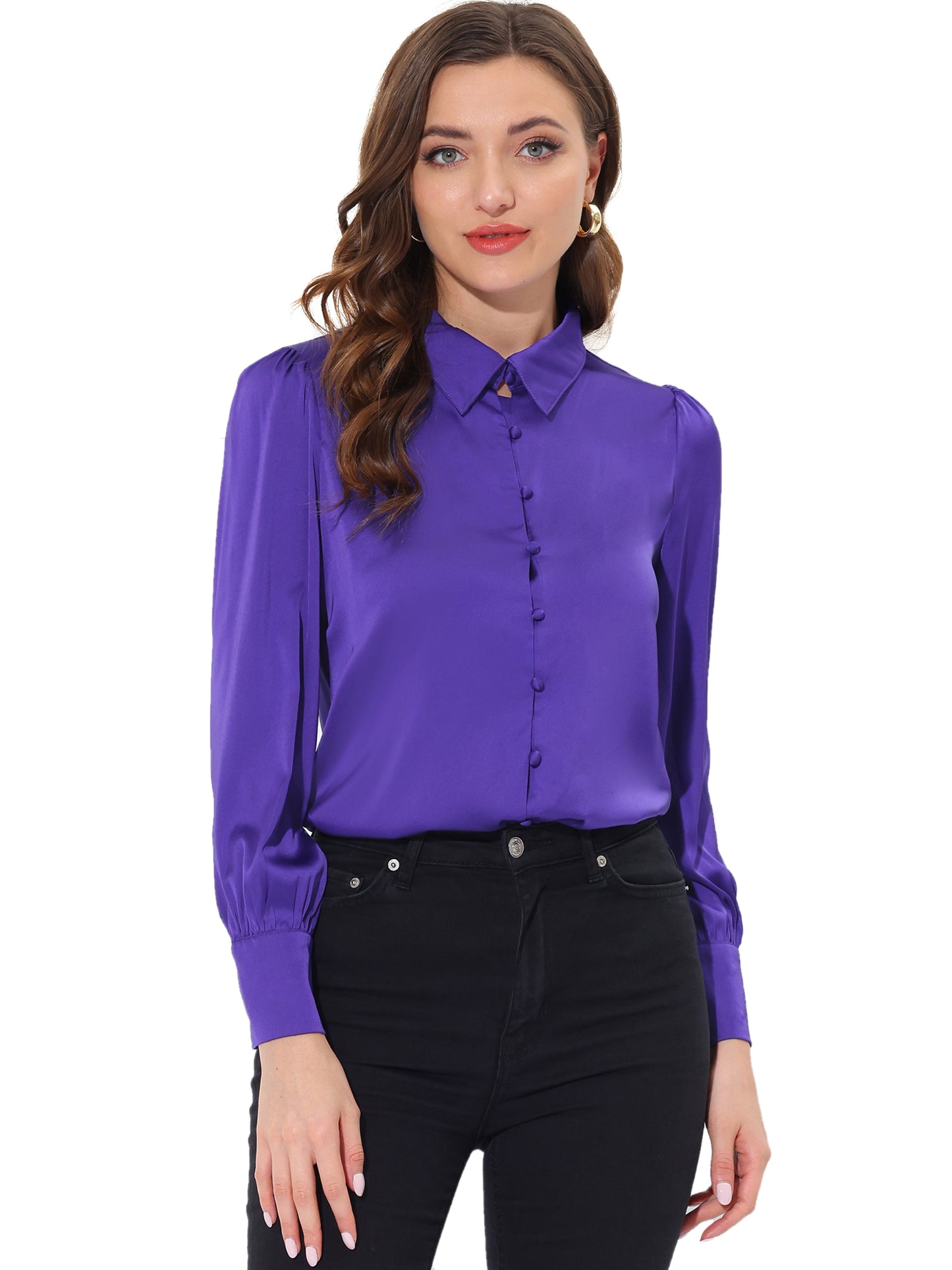 Women's Satin Puff Sleeve Collared Work Office Dressy Button Up Shirt, Light Colors