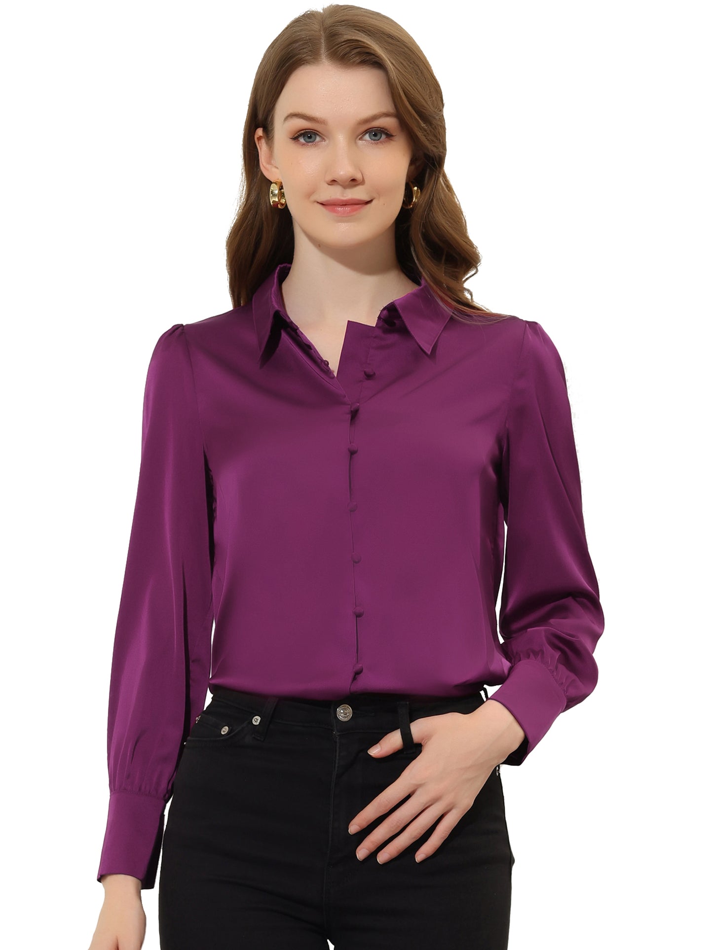 Women's Satin Puff Sleeve Collared Work Office Dressy Button Up Shirt, Light Colors