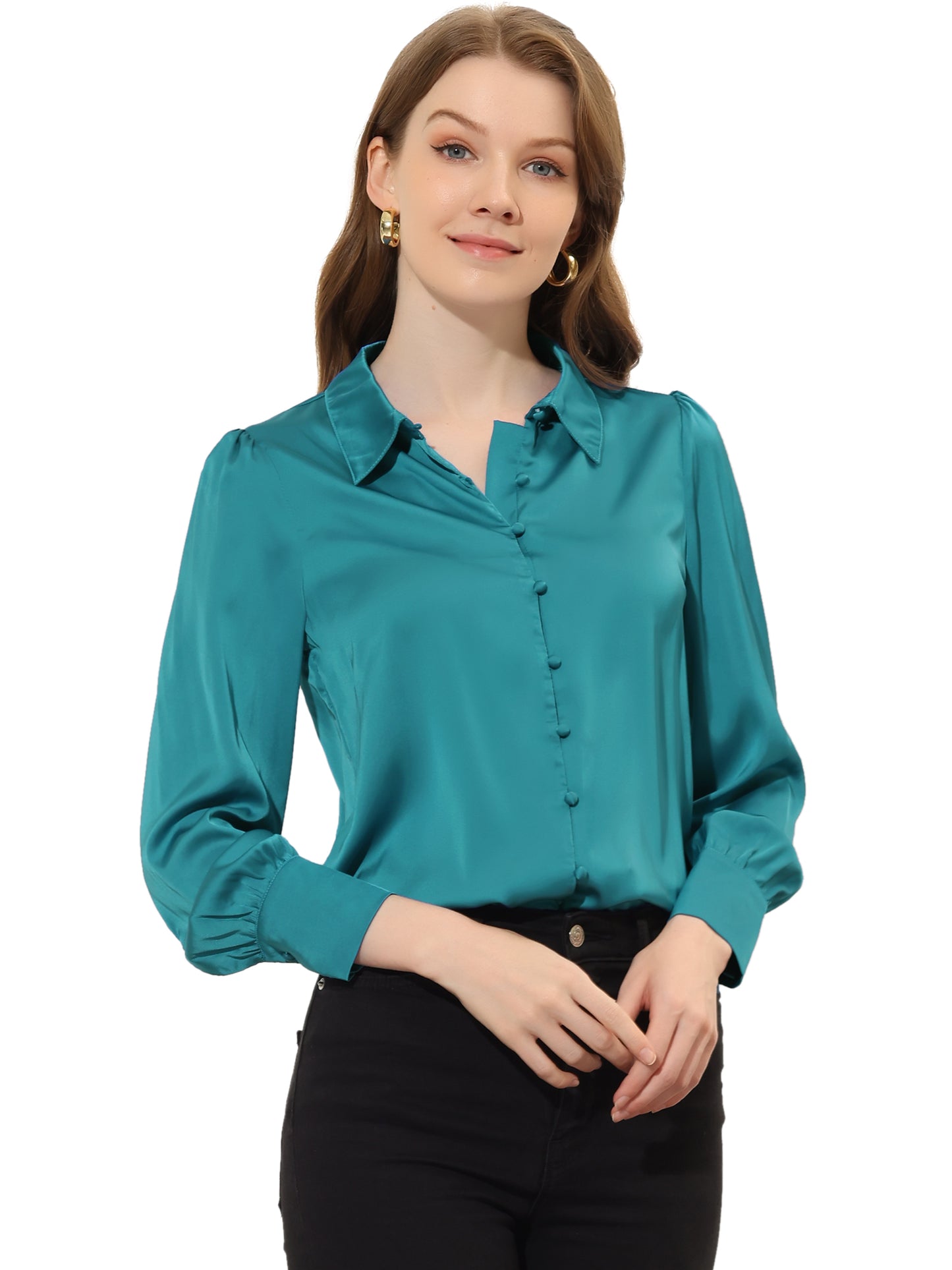 Women's Satin Puff Sleeve Collared Work Office Dressy Button Up Shirt, Light Colors